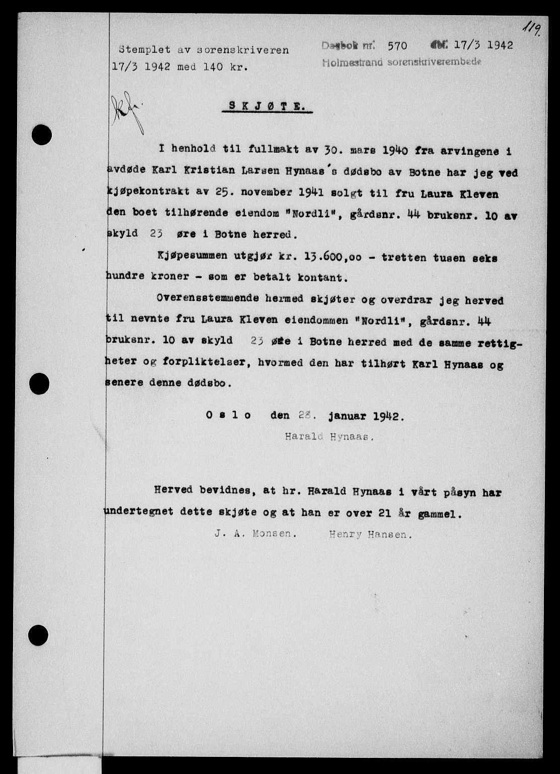 Holmestrand sorenskriveri, SAKO/A-67/G/Ga/Gaa/L0055: Pantebok nr. A-55, 1942-1942, Dagboknr: 570/1942