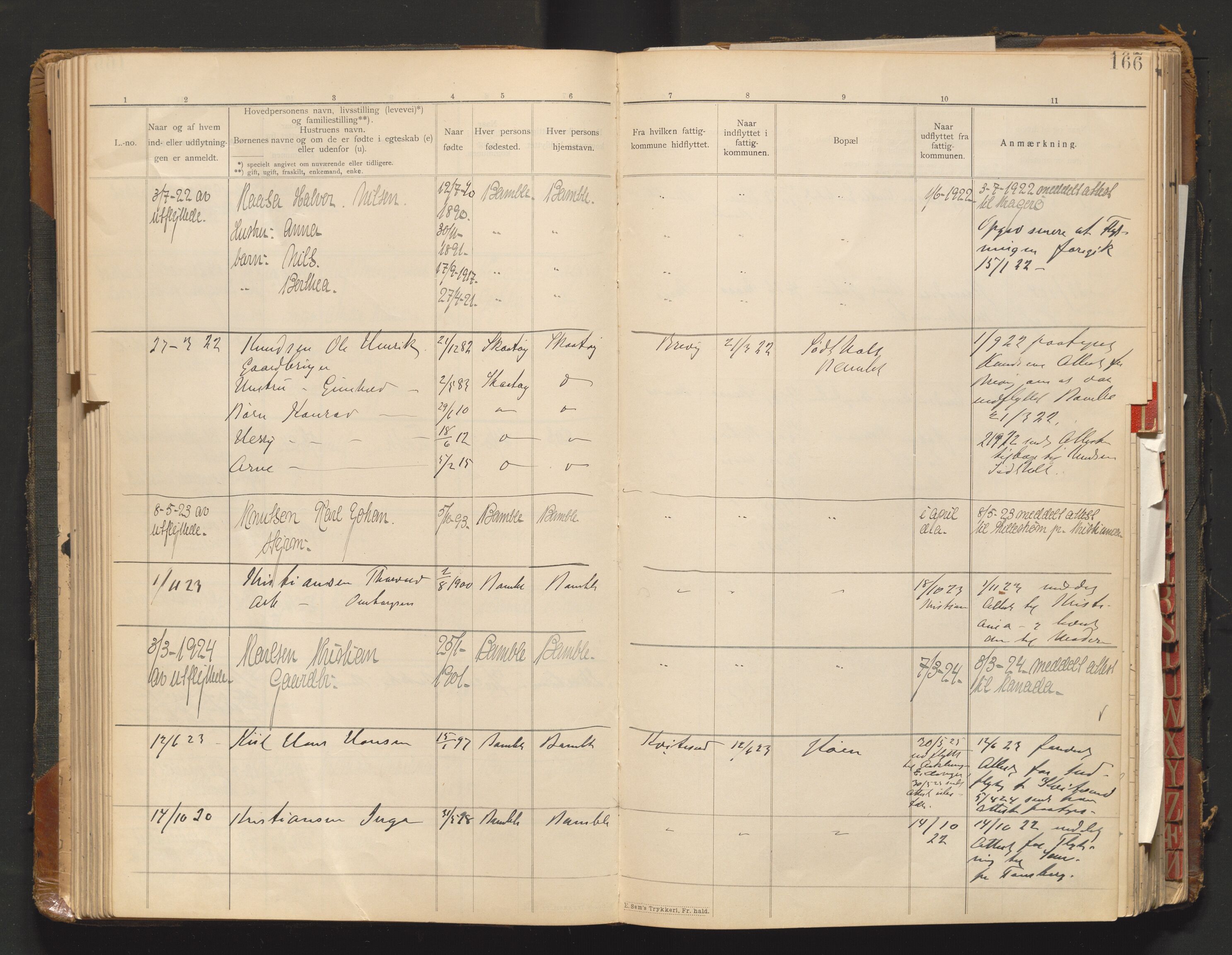 Bamble lensmannskontor, AV/SAKO-A-552/O/Oa/L0001: Protokoll over inn- og utflyttede - Bamble, 1901-1933, s. 166