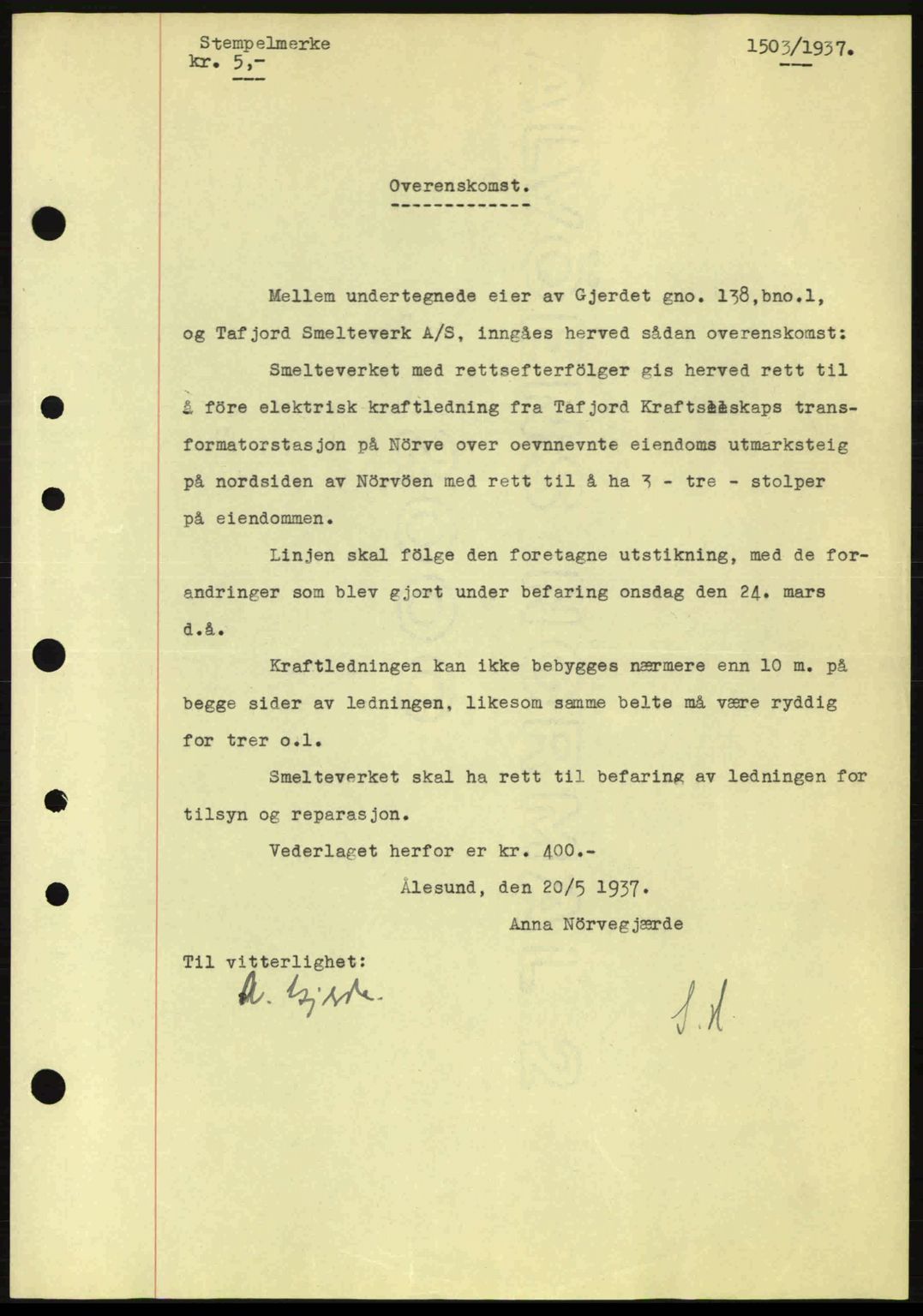 Nordre Sunnmøre sorenskriveri, SAT/A-0006/1/2/2C/2Ca: Pantebok nr. A3, 1937-1937, Dagboknr: 1503/1937