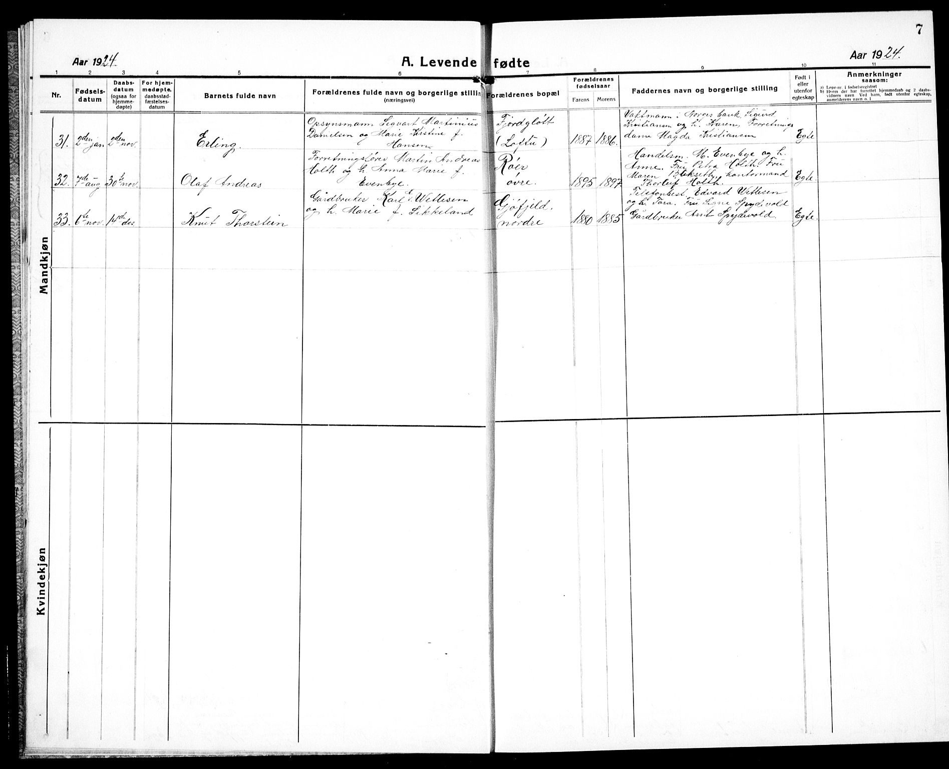 Nesodden prestekontor Kirkebøker, AV/SAO-A-10013/G/Ga/L0003: Klokkerbok nr. I 3, 1924-1939, s. 7