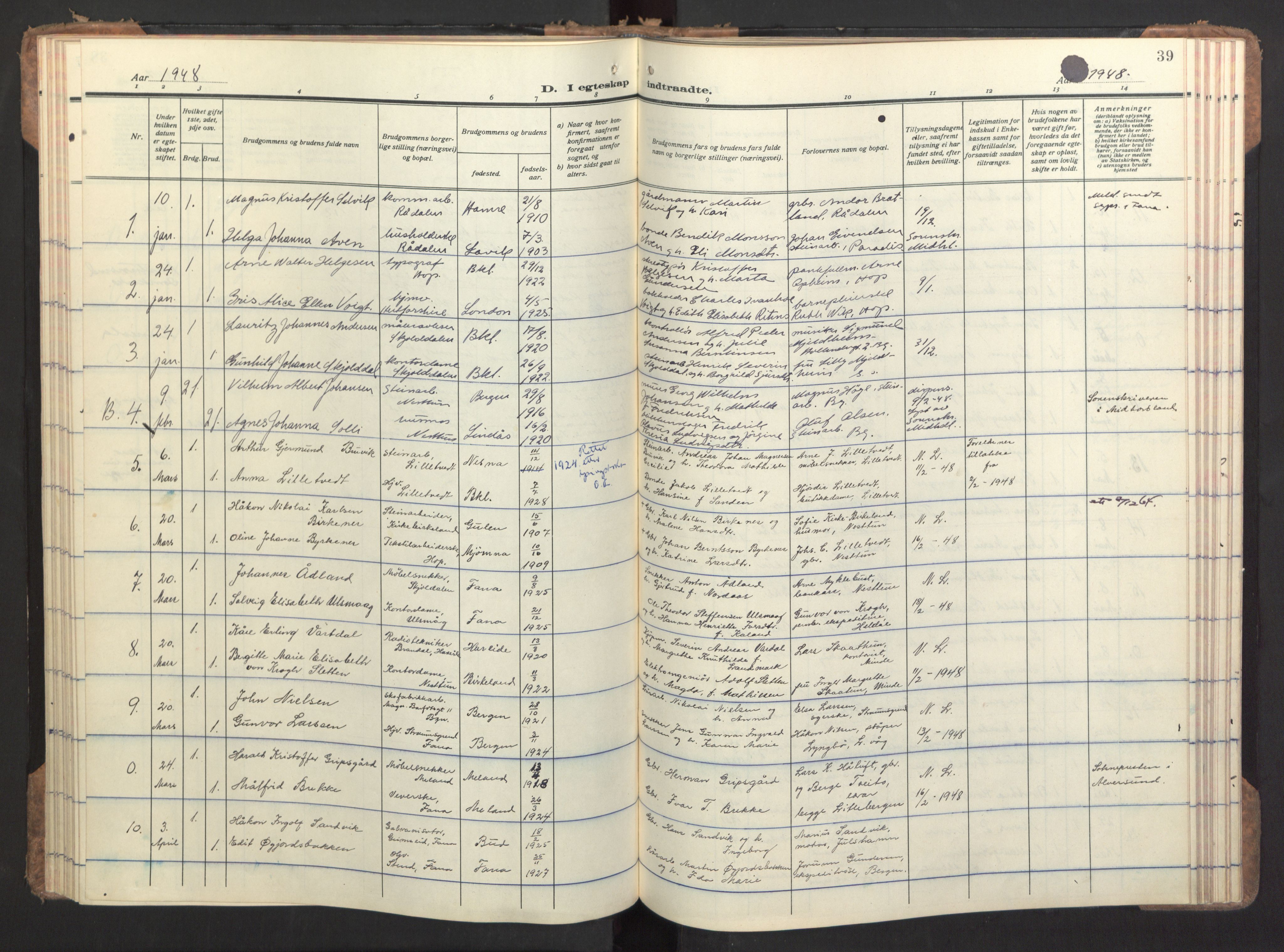 Birkeland Sokneprestembete, AV/SAB-A-74601/H/Haa/Haac/L0001: Ministerialbok nr. C 1, 1944-1954, s. 39