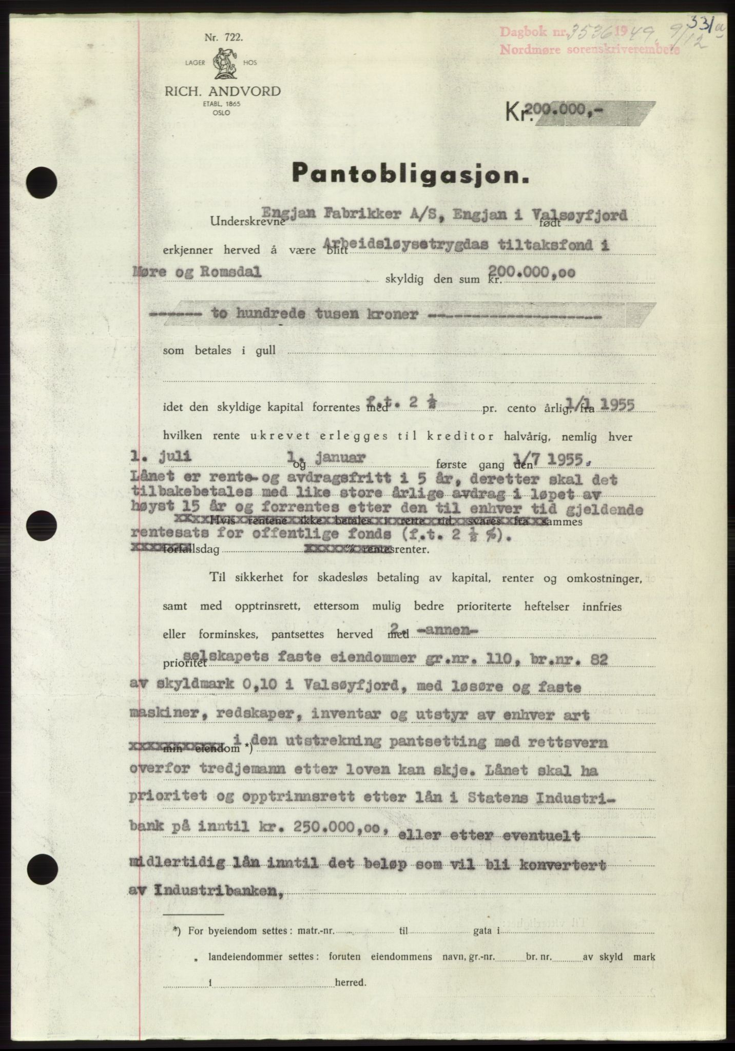 Nordmøre sorenskriveri, AV/SAT-A-4132/1/2/2Ca: Pantebok nr. B103, 1949-1950, Dagboknr: 3536/1949