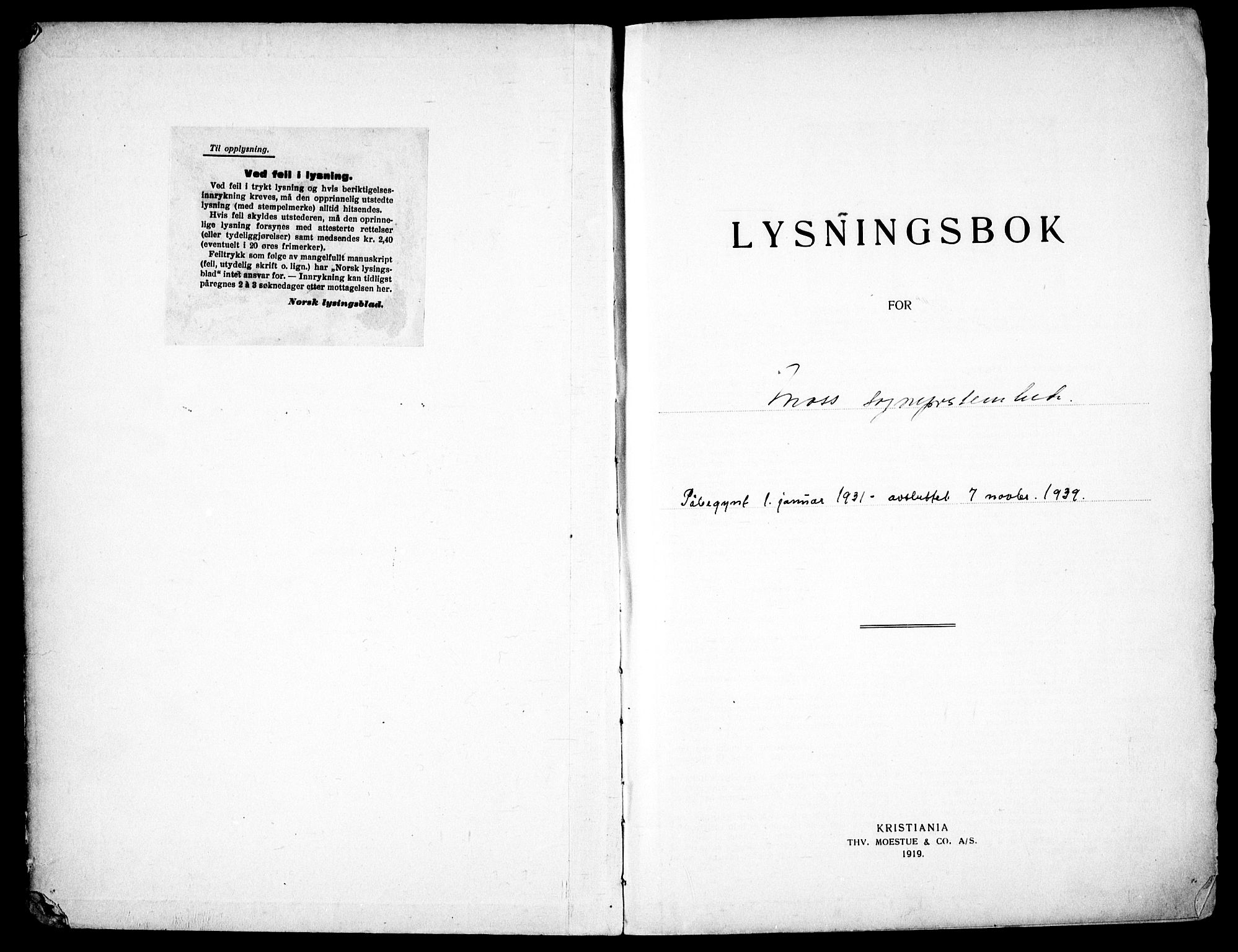 Moss prestekontor Kirkebøker, SAO/A-2003/H/Ha/L0003: Lysningsprotokoll nr. 3, 1931-1939