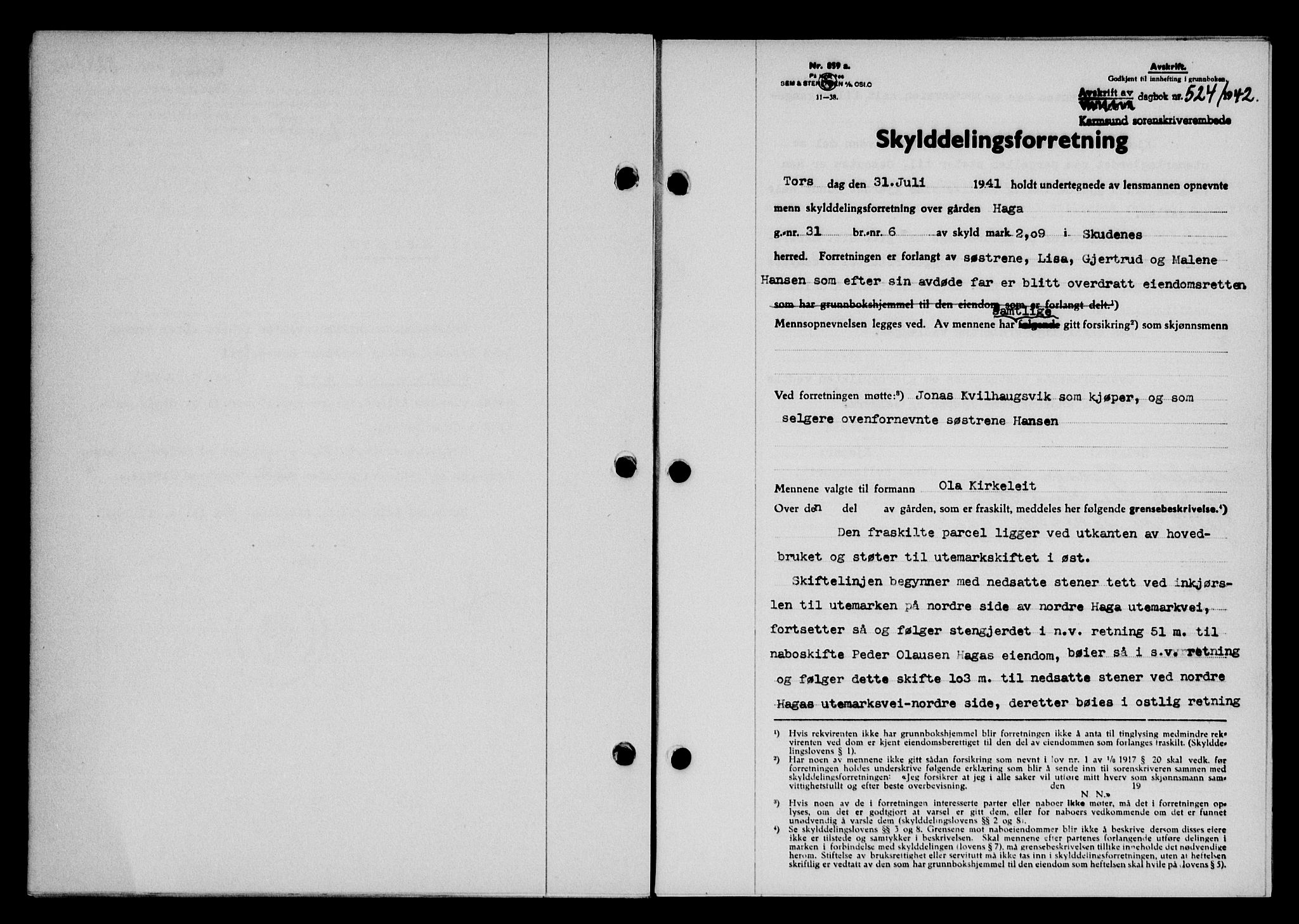 Karmsund sorenskriveri, SAST/A-100311/01/II/IIB/L0077: Pantebok nr. 58A, 1942-1942, Dagboknr: 524/1942