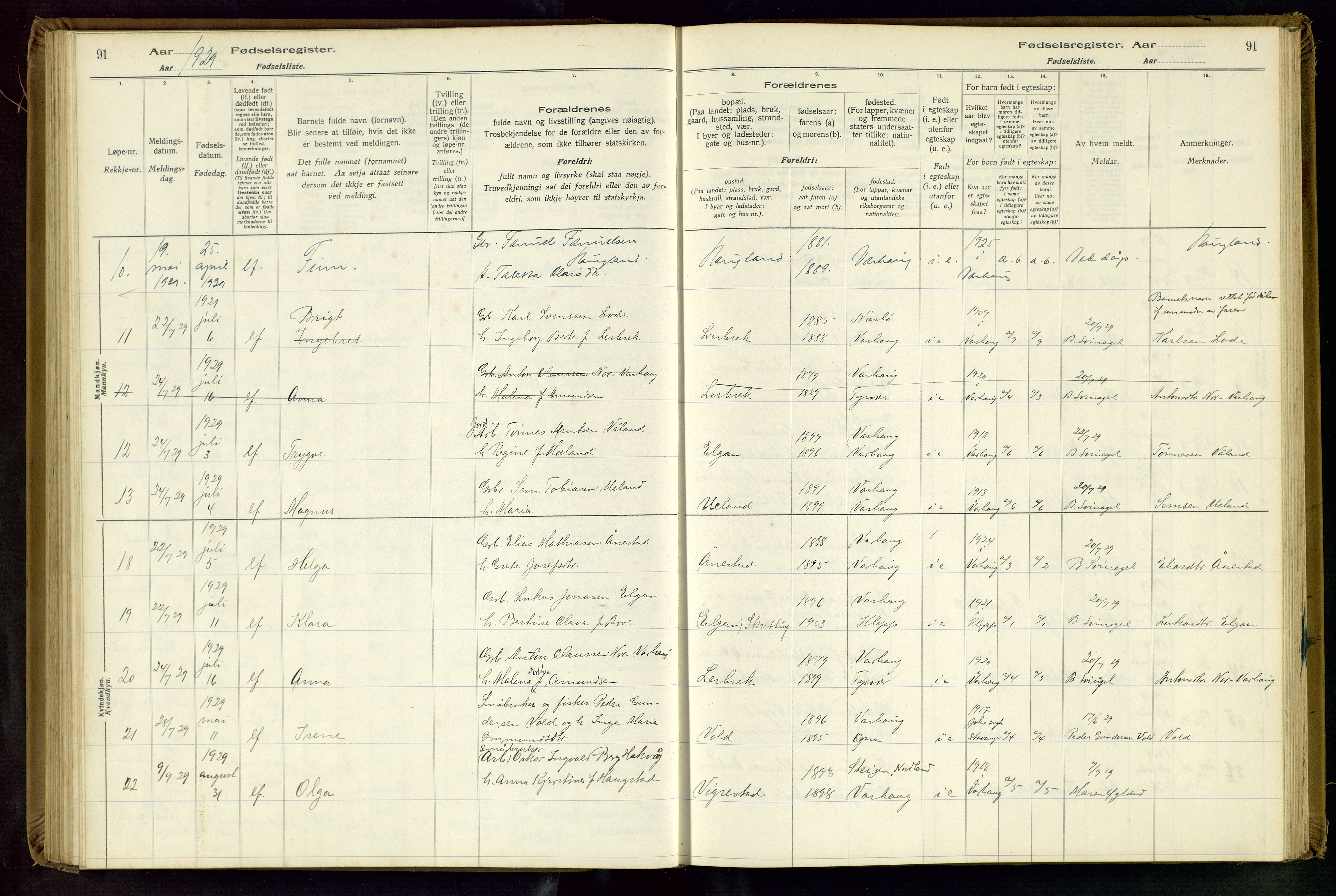 Hå sokneprestkontor, AV/SAST-A-101801/001/704BA/L0001: Fødselsregister nr. 1, 1916-1944, s. 91