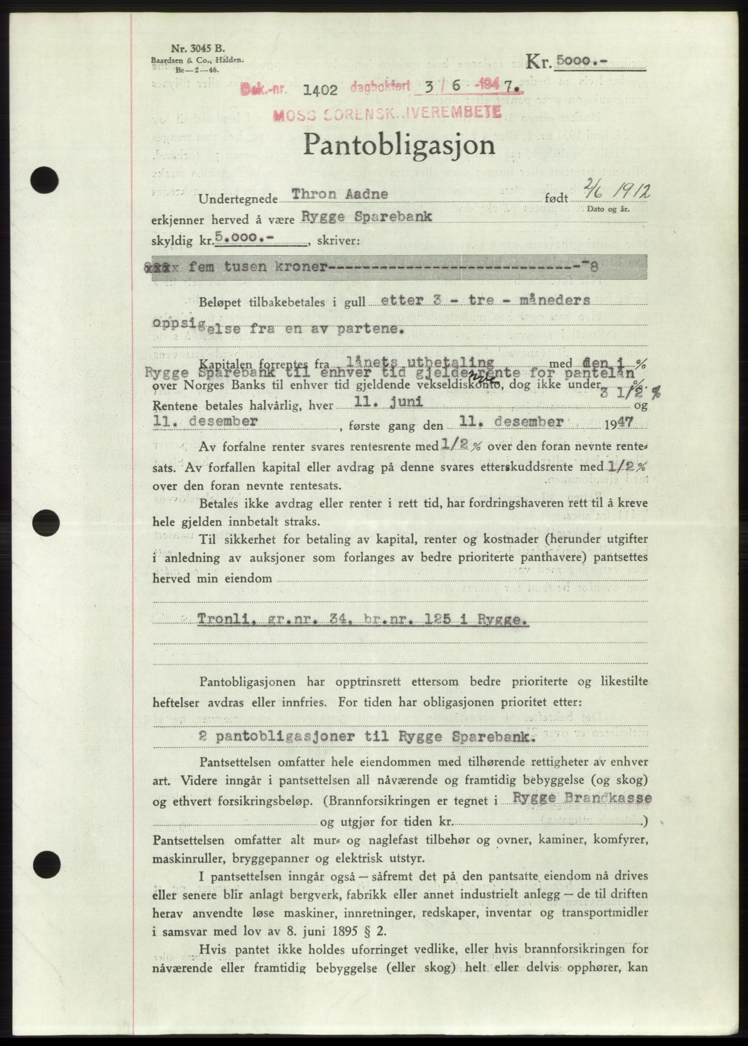 Moss sorenskriveri, SAO/A-10168: Pantebok nr. B17, 1947-1947, Dagboknr: 1402/1947