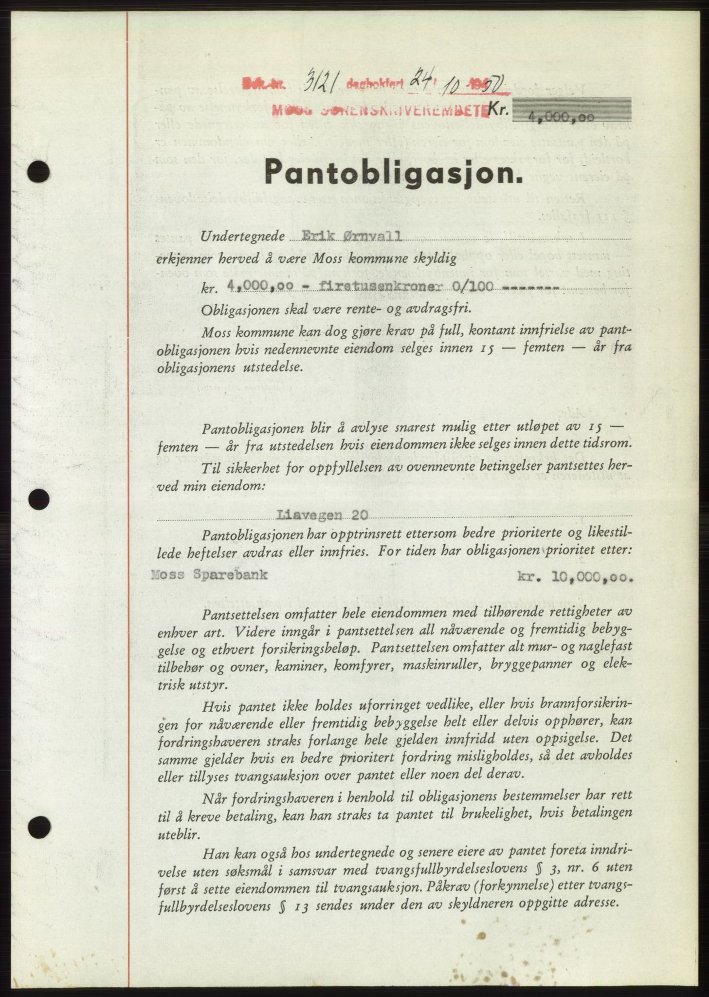 Moss sorenskriveri, SAO/A-10168: Pantebok nr. B25, 1950-1950, Dagboknr: 3121/1950