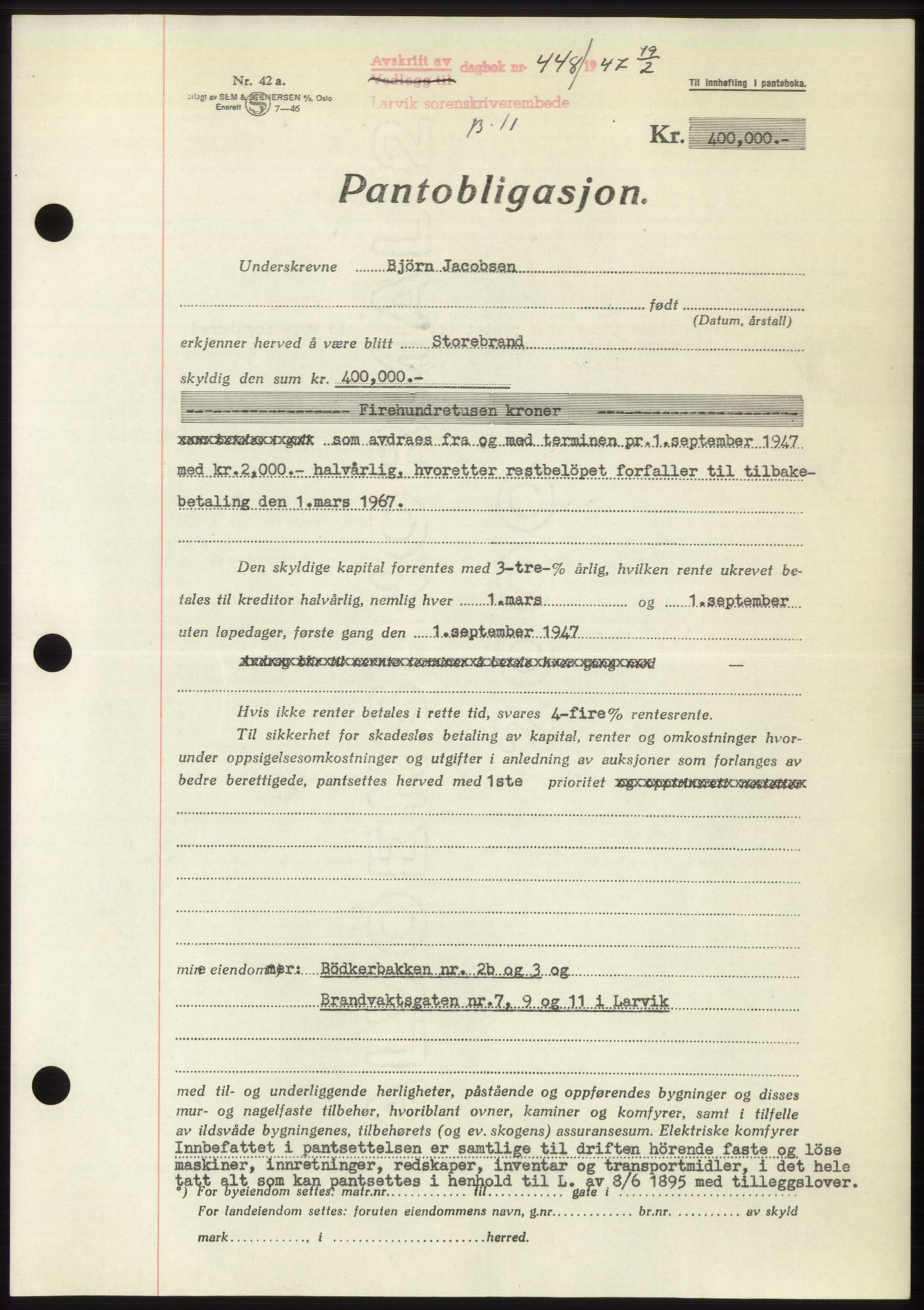 Larvik sorenskriveri, AV/SAKO-A-83/G/Ga/Gac/L0011: Pantebok nr. B-11, 1946-1947, Dagboknr: 448/1947