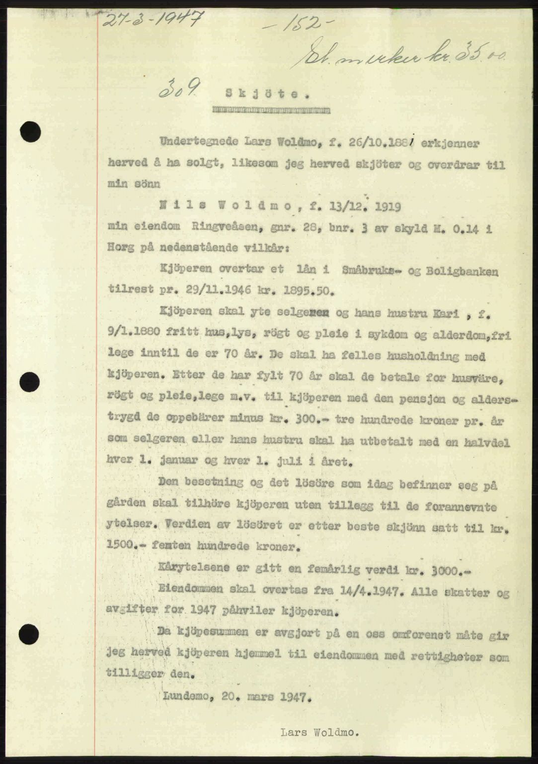 Gauldal sorenskriveri, SAT/A-0014/1/2/2C: Pantebok nr. A3, 1947-1947, Dagboknr: 309/1947