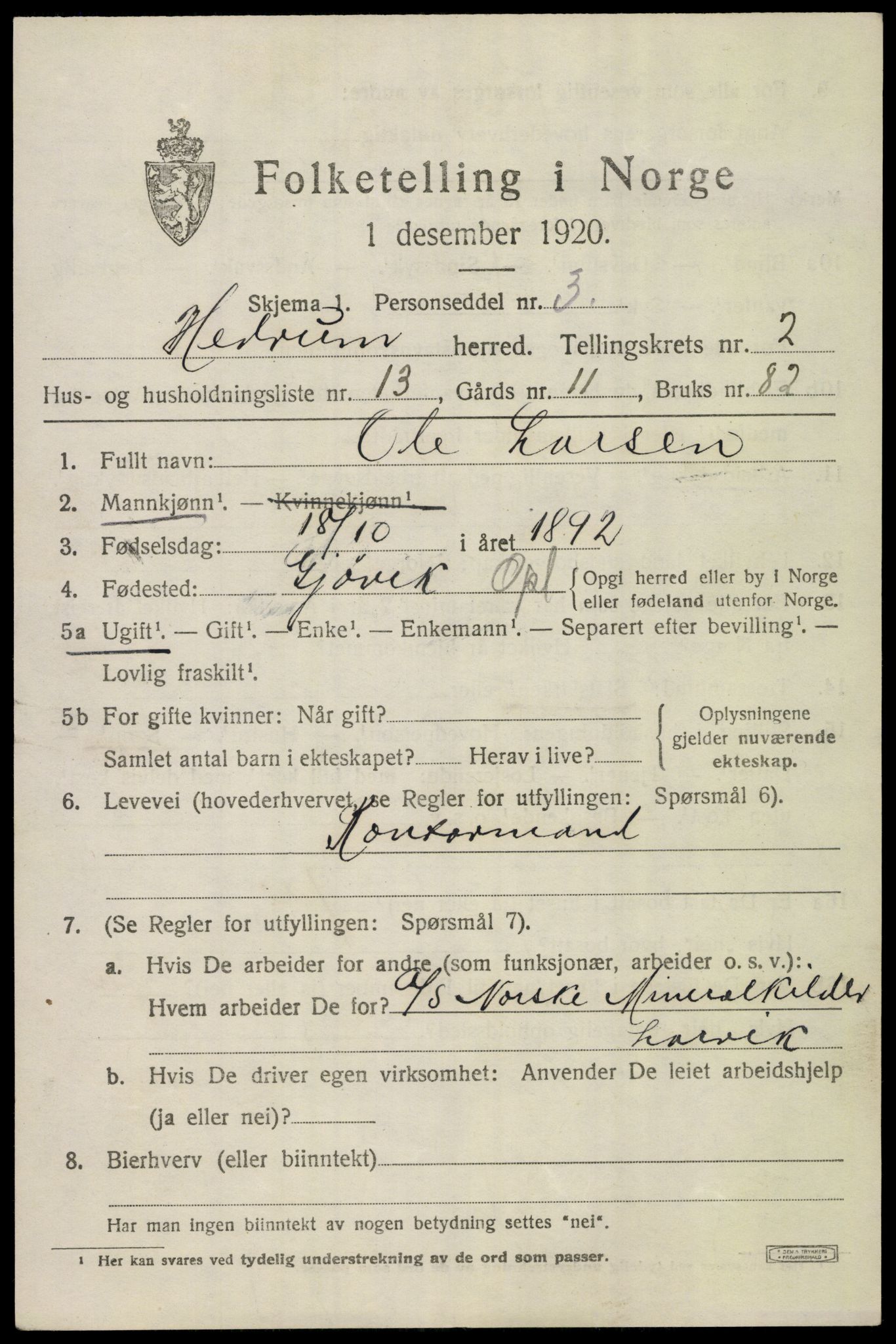 SAKO, Folketelling 1920 for 0727 Hedrum herred, 1920, s. 2557