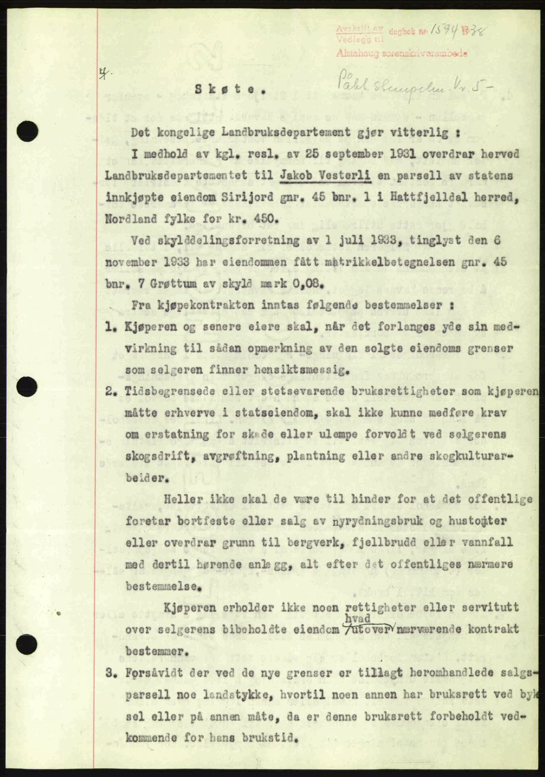 Alstahaug sorenskriveri, SAT/A-1009: Pantebok nr. A3, 1937-1938, Dagboknr: 1594/1938
