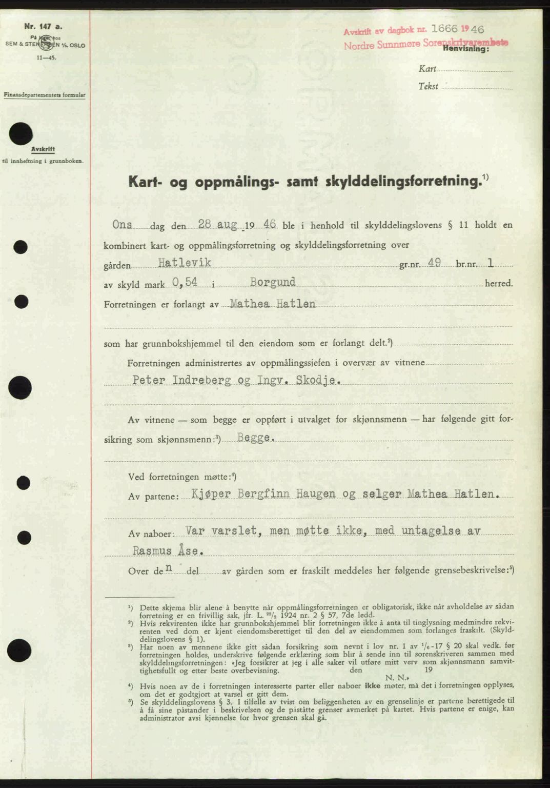 Nordre Sunnmøre sorenskriveri, SAT/A-0006/1/2/2C/2Ca: Pantebok nr. A22, 1946-1946, Dagboknr: 1666/1946