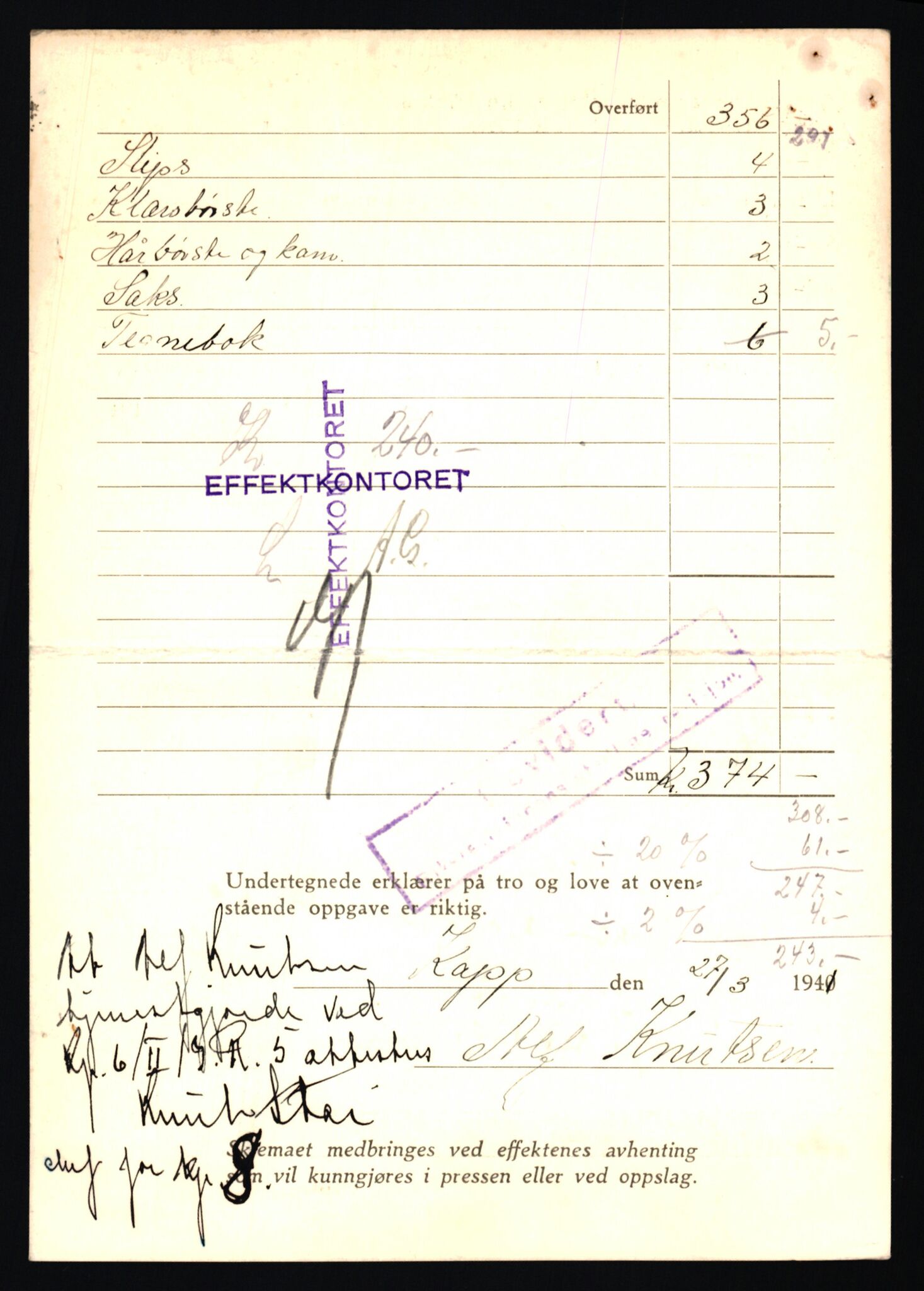 Justisdepartementet, Oppgjørsavdelingen, AV/RA-S-1056/G/Gb/L0045: Oppgaver over ettersøkte sivile effekter. Knutsen, Alf - Kristensen, Ivar, 1940-1942, s. 4