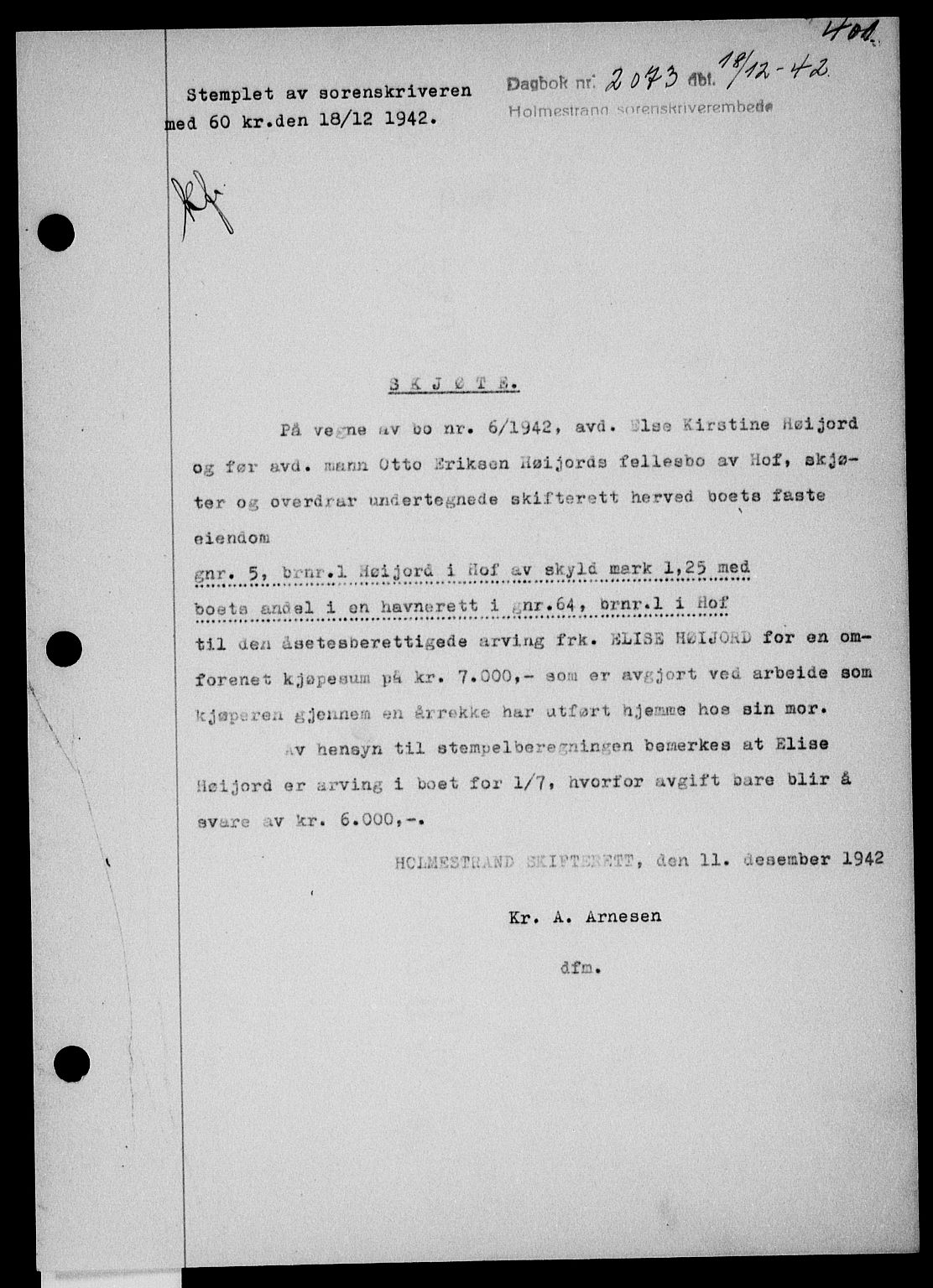 Holmestrand sorenskriveri, SAKO/A-67/G/Ga/Gaa/L0056: Pantebok nr. A-56, 1942-1943, Dagboknr: 2073/1942