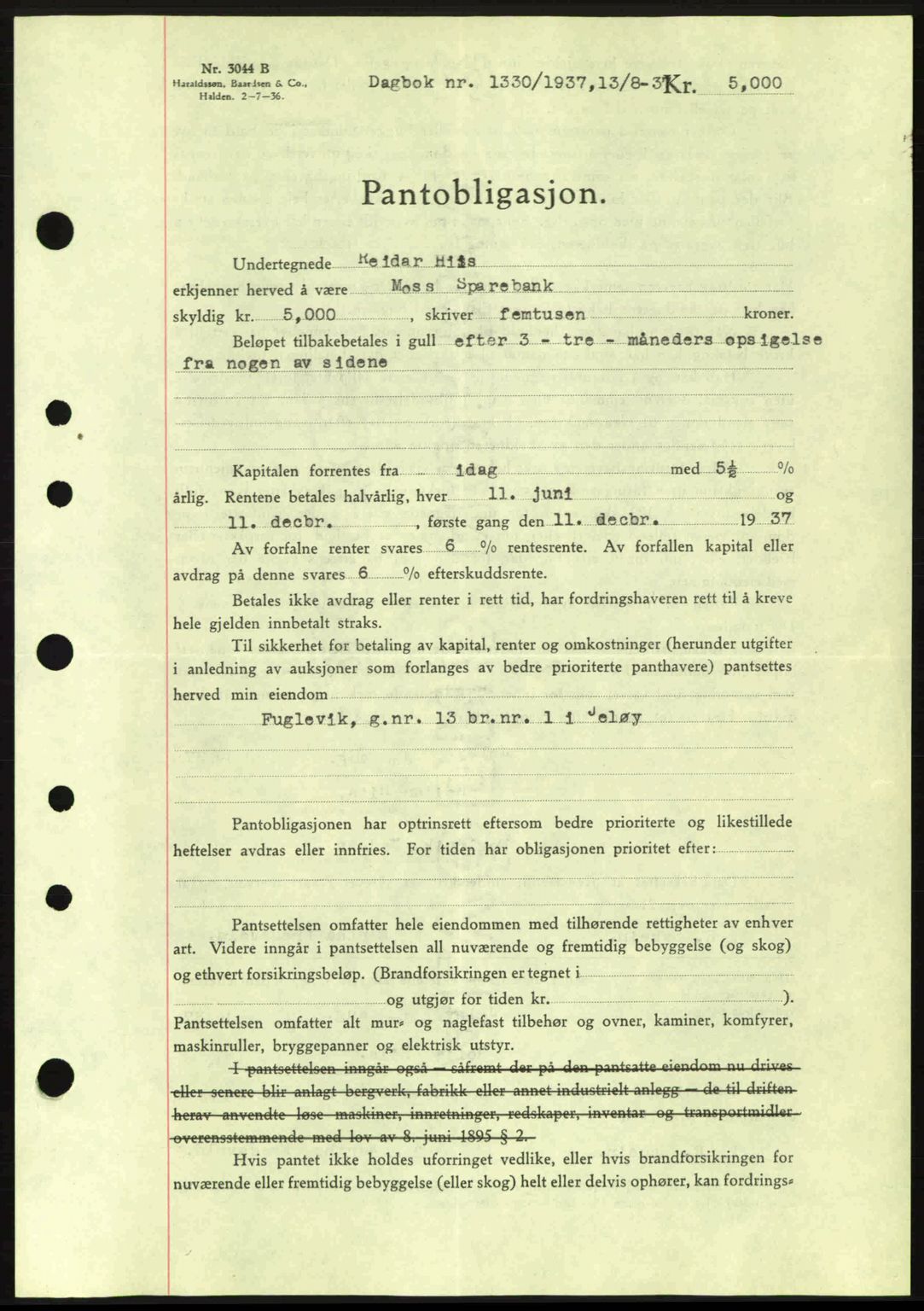 Moss sorenskriveri, SAO/A-10168: Pantebok nr. B3, 1937-1937, Dagboknr: 1330/1937