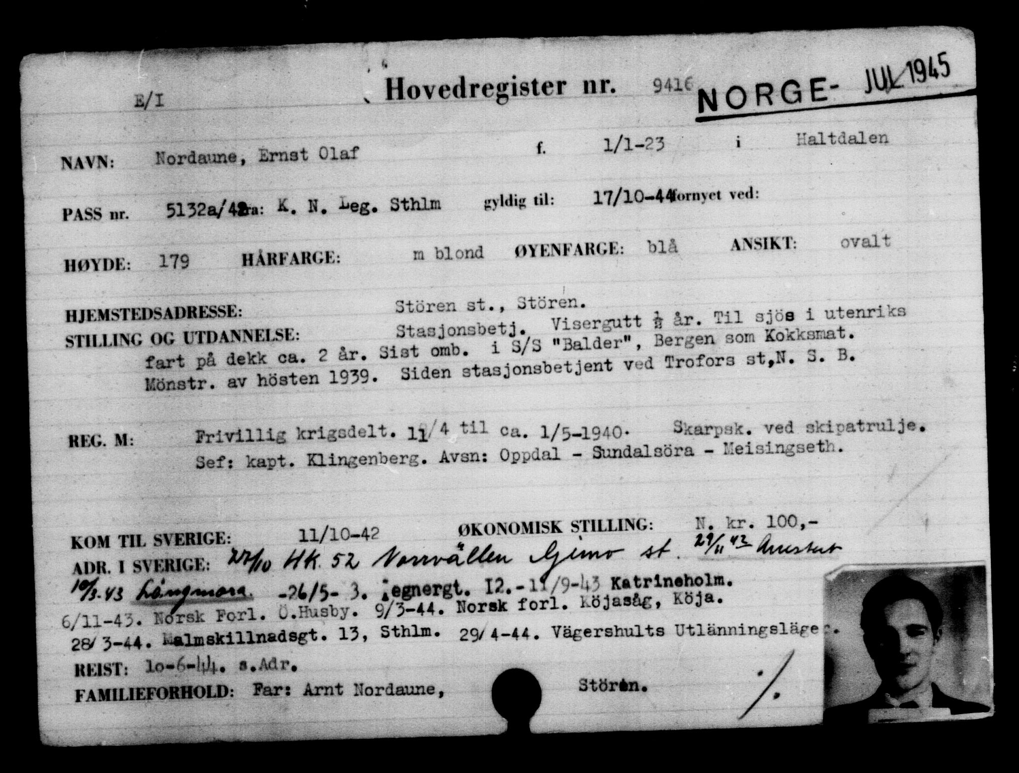 Utenriksstasjonene, Legasjonen i Stockholm, Flyktningkontoret, AV/RA-S-6753/V/Va/L0005: Kjesäterkartoteket, flyktninger med registreringsnr. 6600-9417, 1940-1945, s. 3313