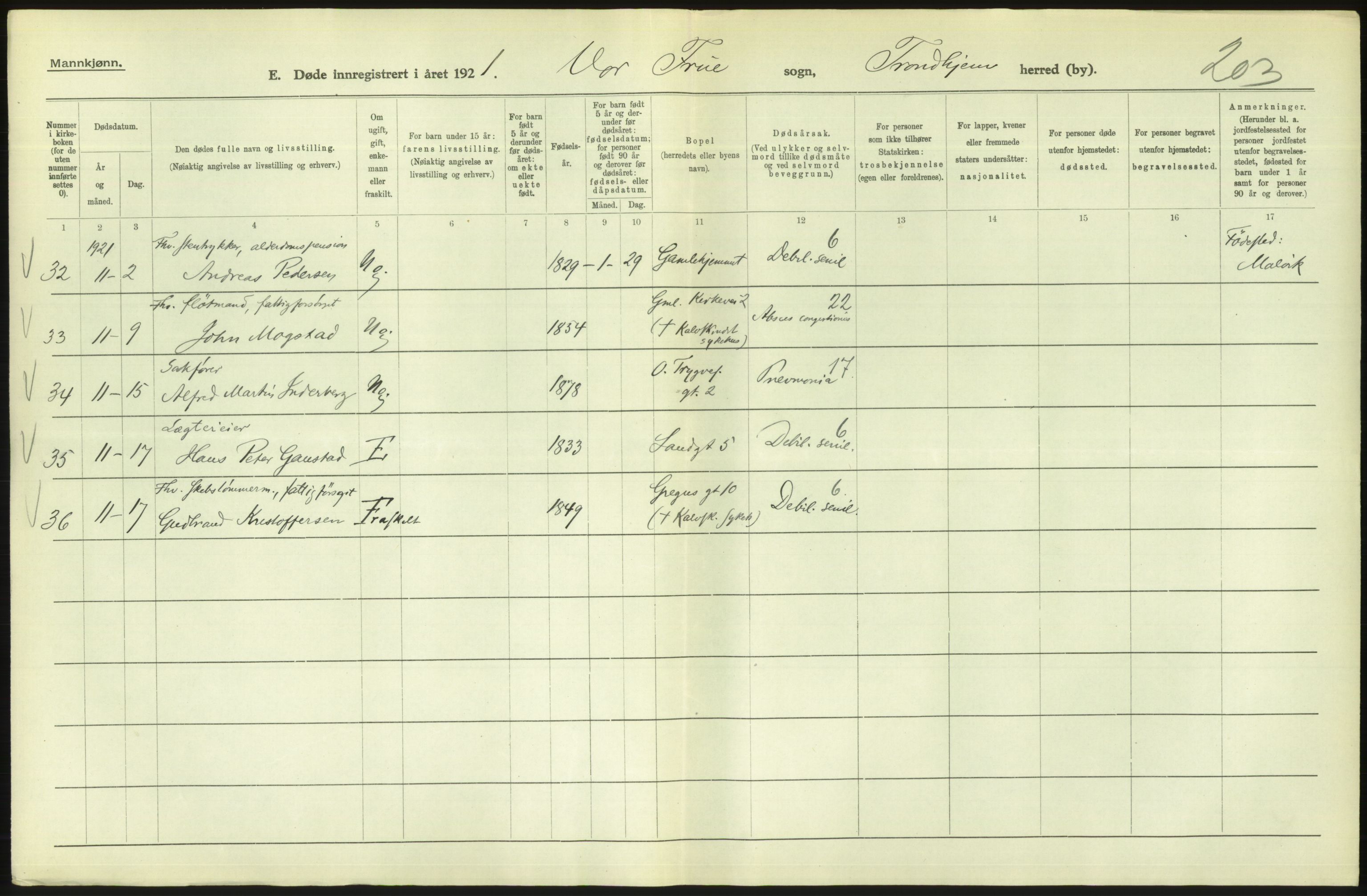 Statistisk sentralbyrå, Sosiodemografiske emner, Befolkning, AV/RA-S-2228/D/Df/Dfc/Dfca/L0046: Trondheim: Døde, dødfødte., 1921, s. 252