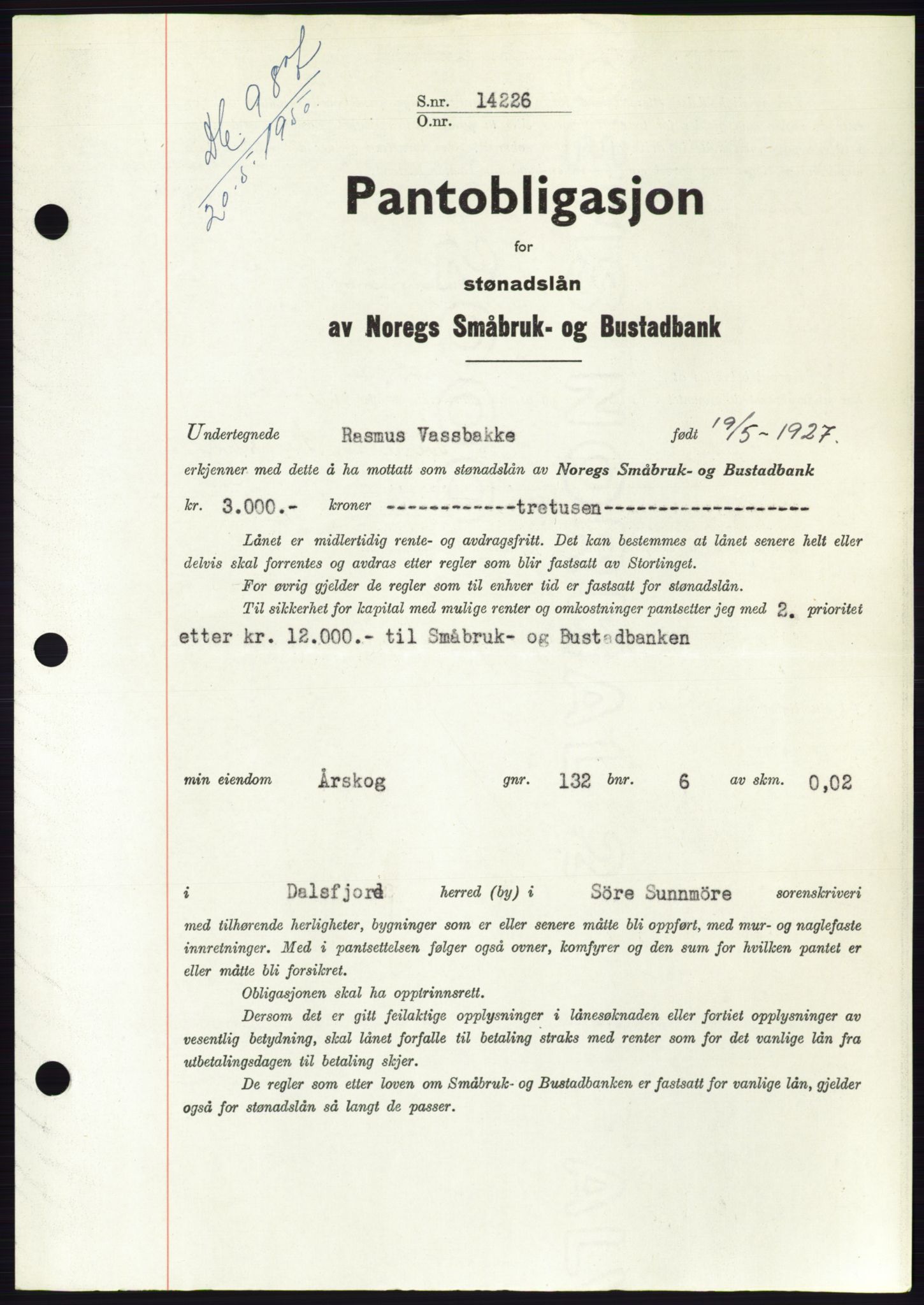 Søre Sunnmøre sorenskriveri, SAT/A-4122/1/2/2C/L0118: Pantebok nr. 6B, 1949-1950, Dagboknr: 987/1950
