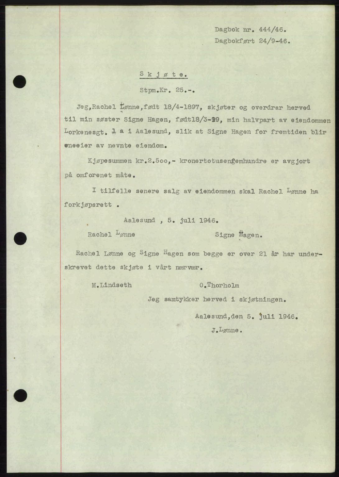 Ålesund byfogd, AV/SAT-A-4384: Pantebok nr. 36b, 1946-1947, Dagboknr: 444/1946