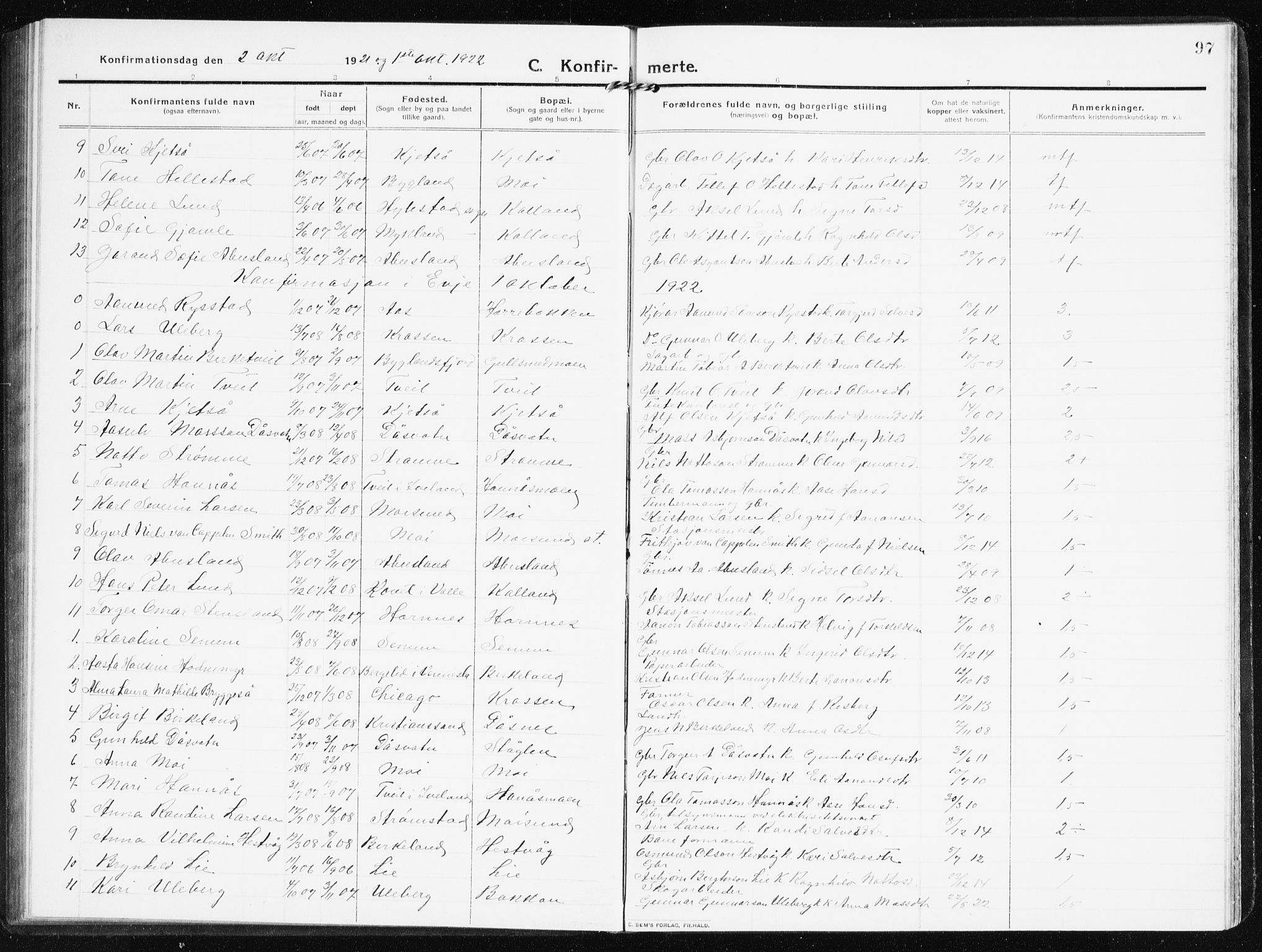 Evje sokneprestkontor, AV/SAK-1111-0008/F/Fb/Fbb/L0003: Klokkerbok nr. B 3, 1910-1933, s. 97