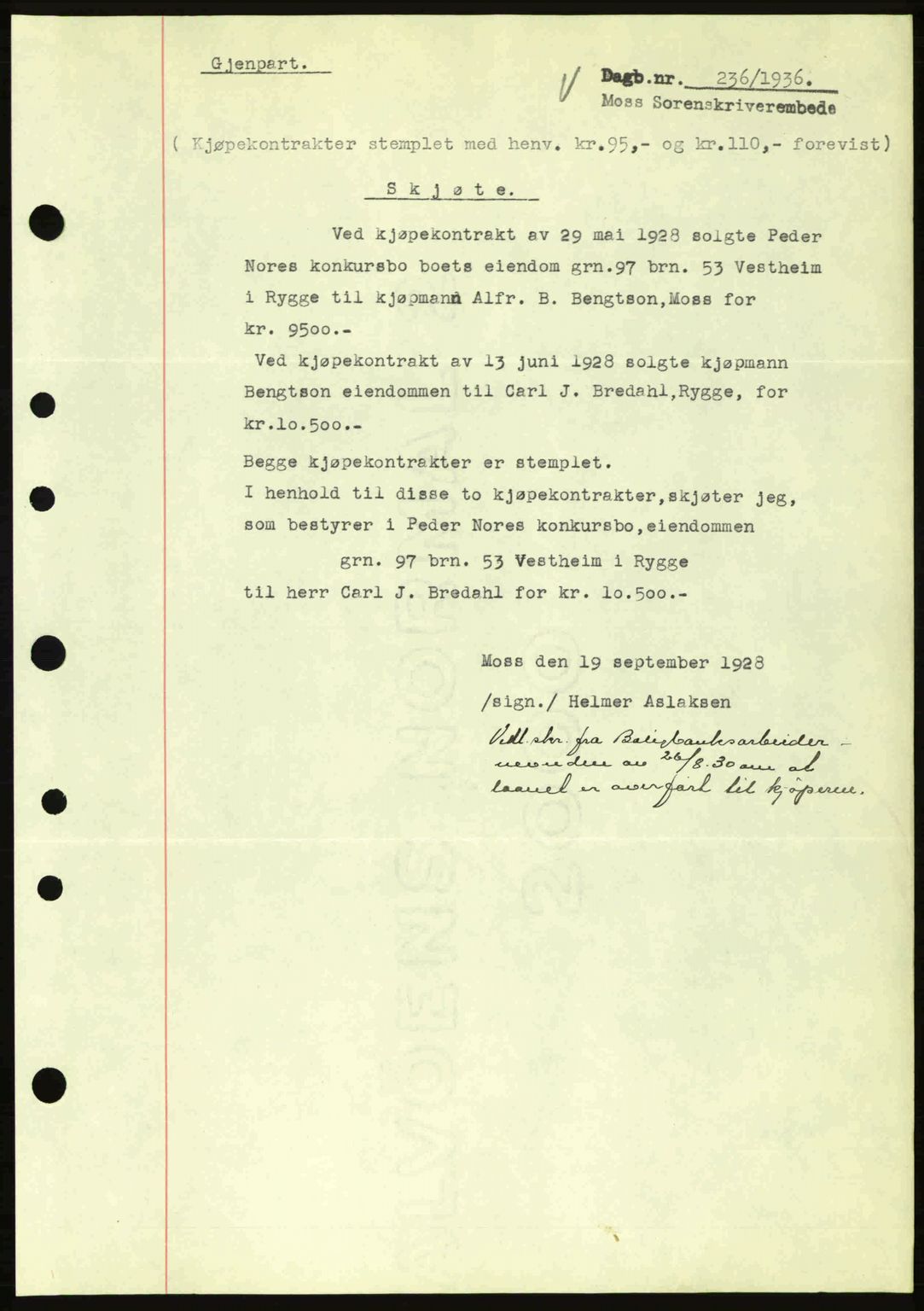 Moss sorenskriveri, SAO/A-10168: Pantebok nr. A1, 1936-1936, Dagboknr: 236/1936