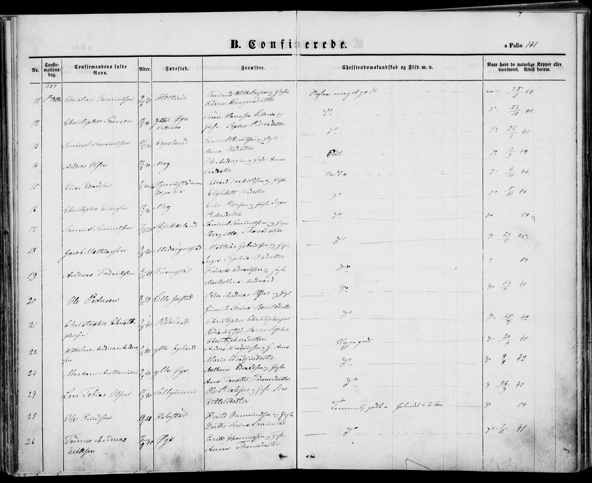 Kvinesdal sokneprestkontor, AV/SAK-1111-0026/F/Fa/Fab/L0005: Ministerialbok nr. A 5, 1844-1857, s. 141