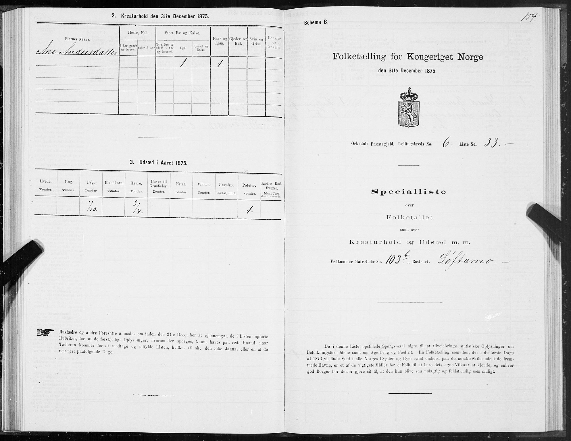 SAT, Folketelling 1875 for 1638P Orkdal prestegjeld, 1875, s. 3154