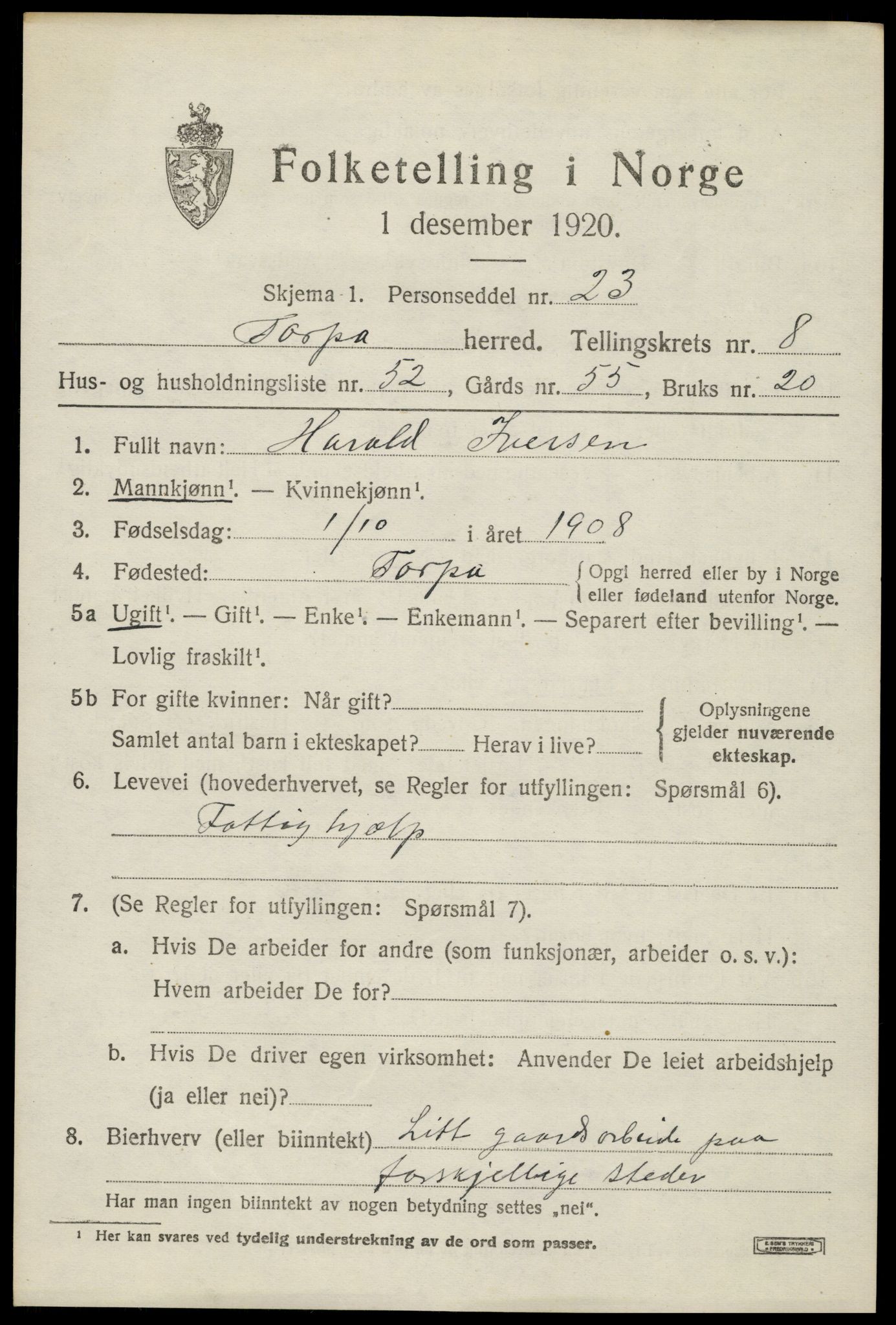 SAH, Folketelling 1920 for 0539 Torpa herred, 1920, s. 5227