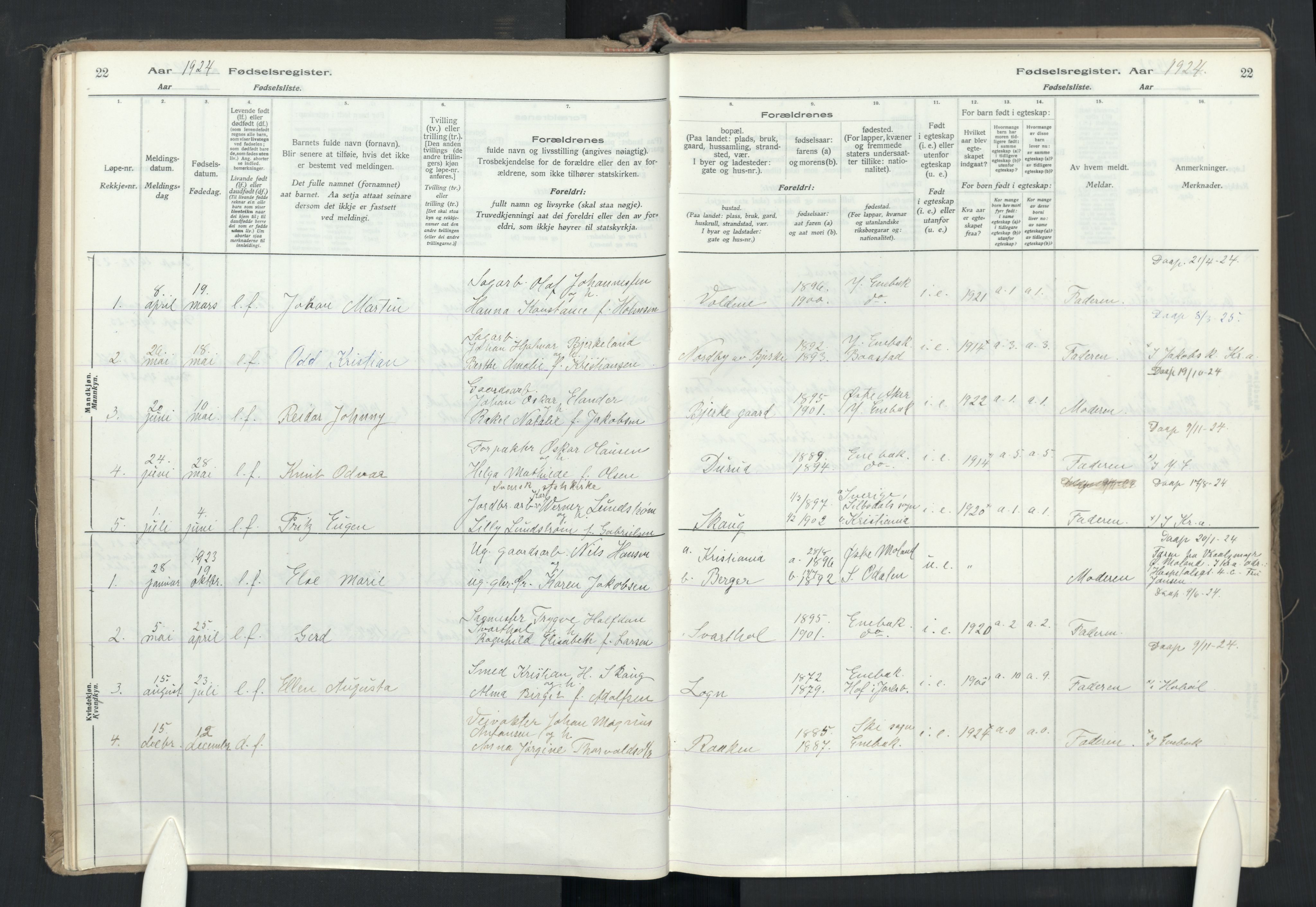 Enebakk prestekontor Kirkebøker, AV/SAO-A-10171c/J/Jb/L0001: Fødselsregister nr. II 1, 1916-1980, s. 22