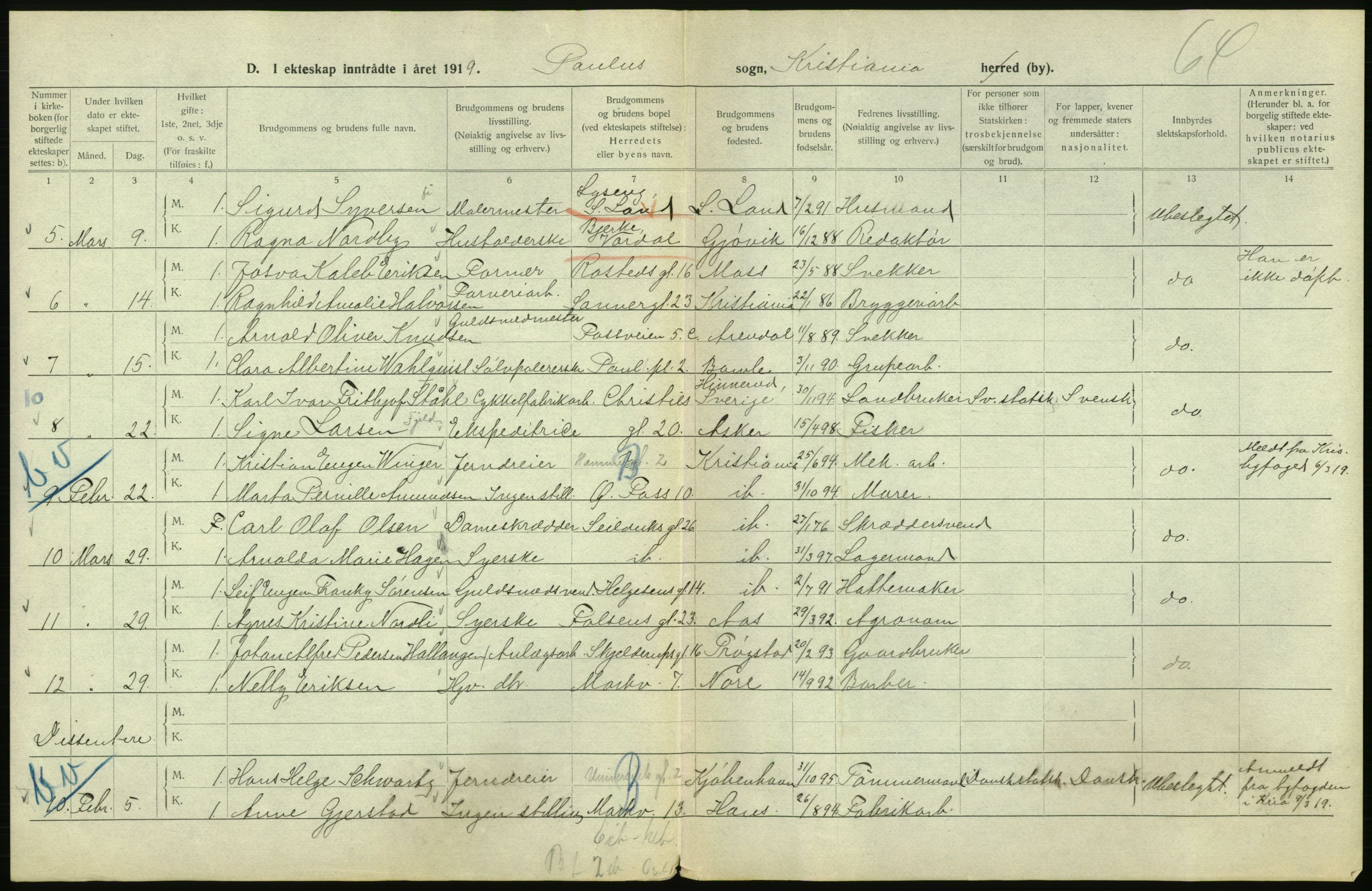 Statistisk sentralbyrå, Sosiodemografiske emner, Befolkning, AV/RA-S-2228/D/Df/Dfb/Dfbi/L0009: Kristiania: Gifte, 1919, s. 604