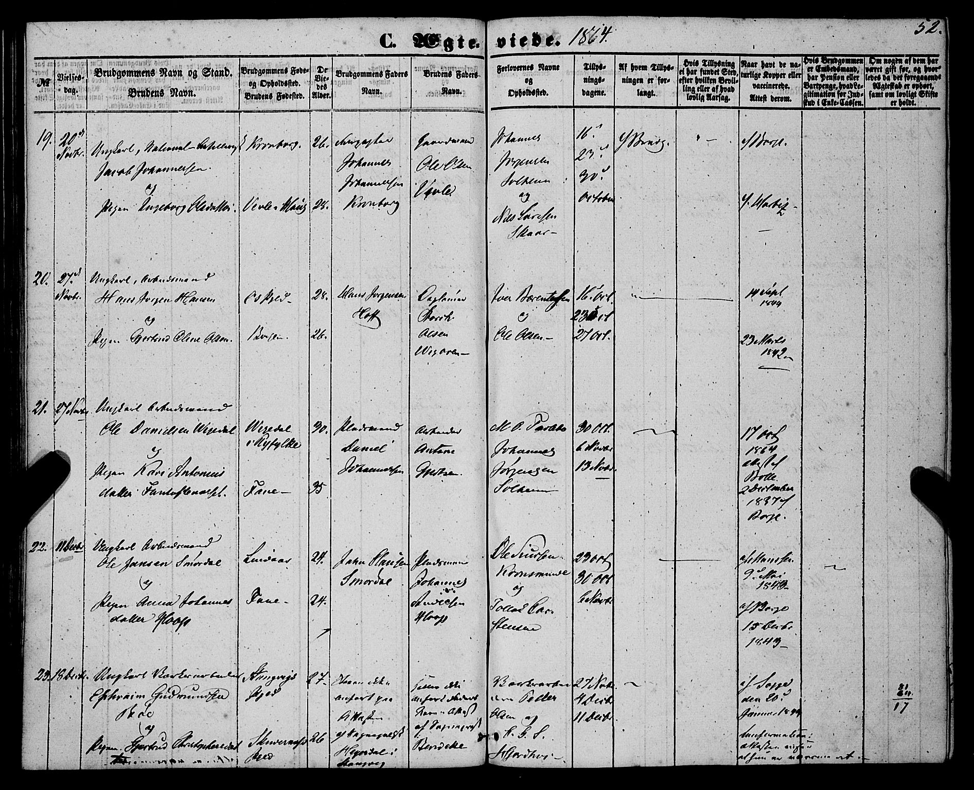 St. Jørgens hospital og Årstad sokneprestembete, AV/SAB-A-99934: Ministerialbok nr. A 9, 1853-1878, s. 52