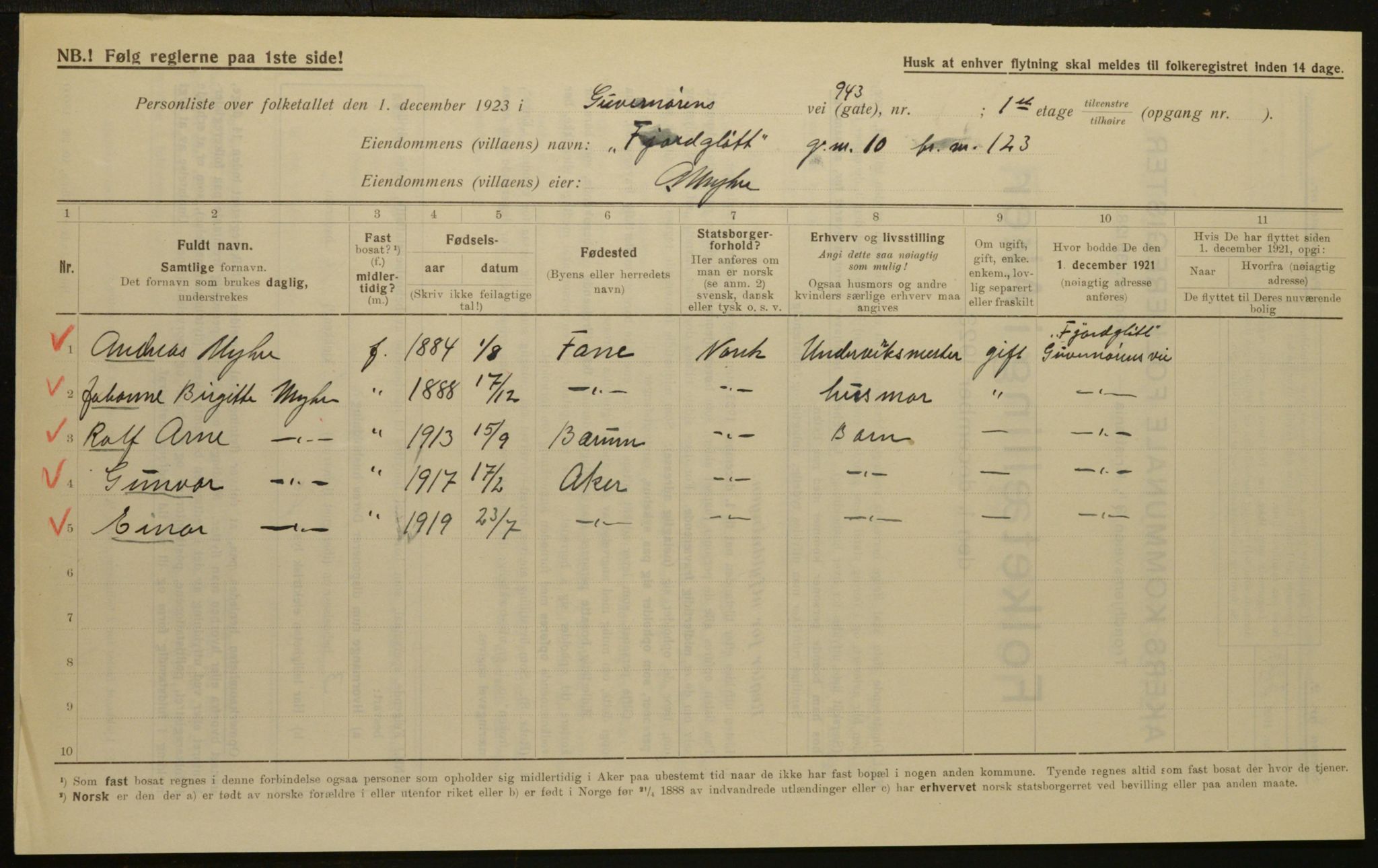 , Kommunal folketelling 1.12.1923 for Aker, 1923, s. 2069