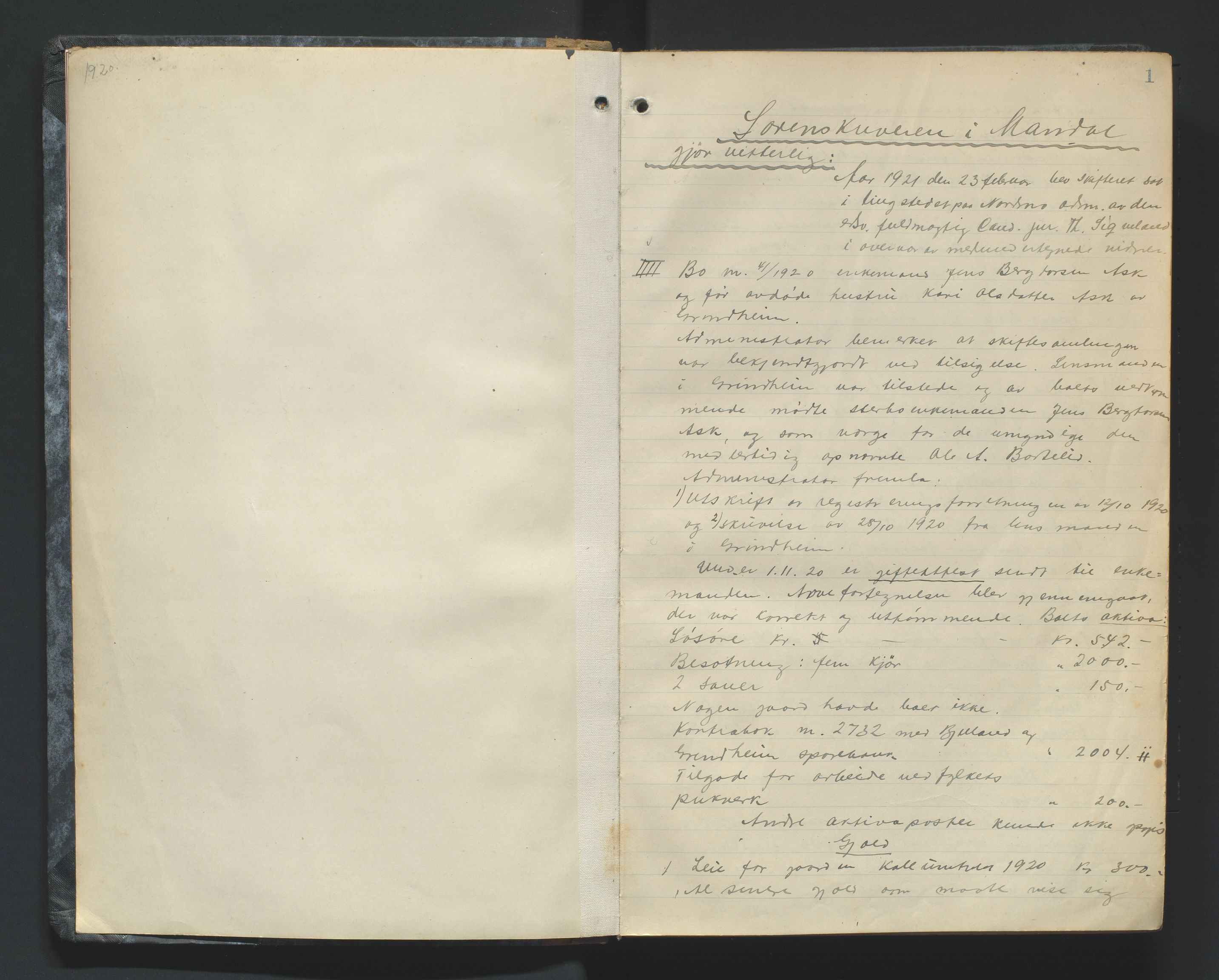 Mandal sorenskriveri, AV/SAK-1221-0005/001/H/Hc/L0084: Skifteforhandlingsprotokoll nr 16, 1921-1924, s. 1