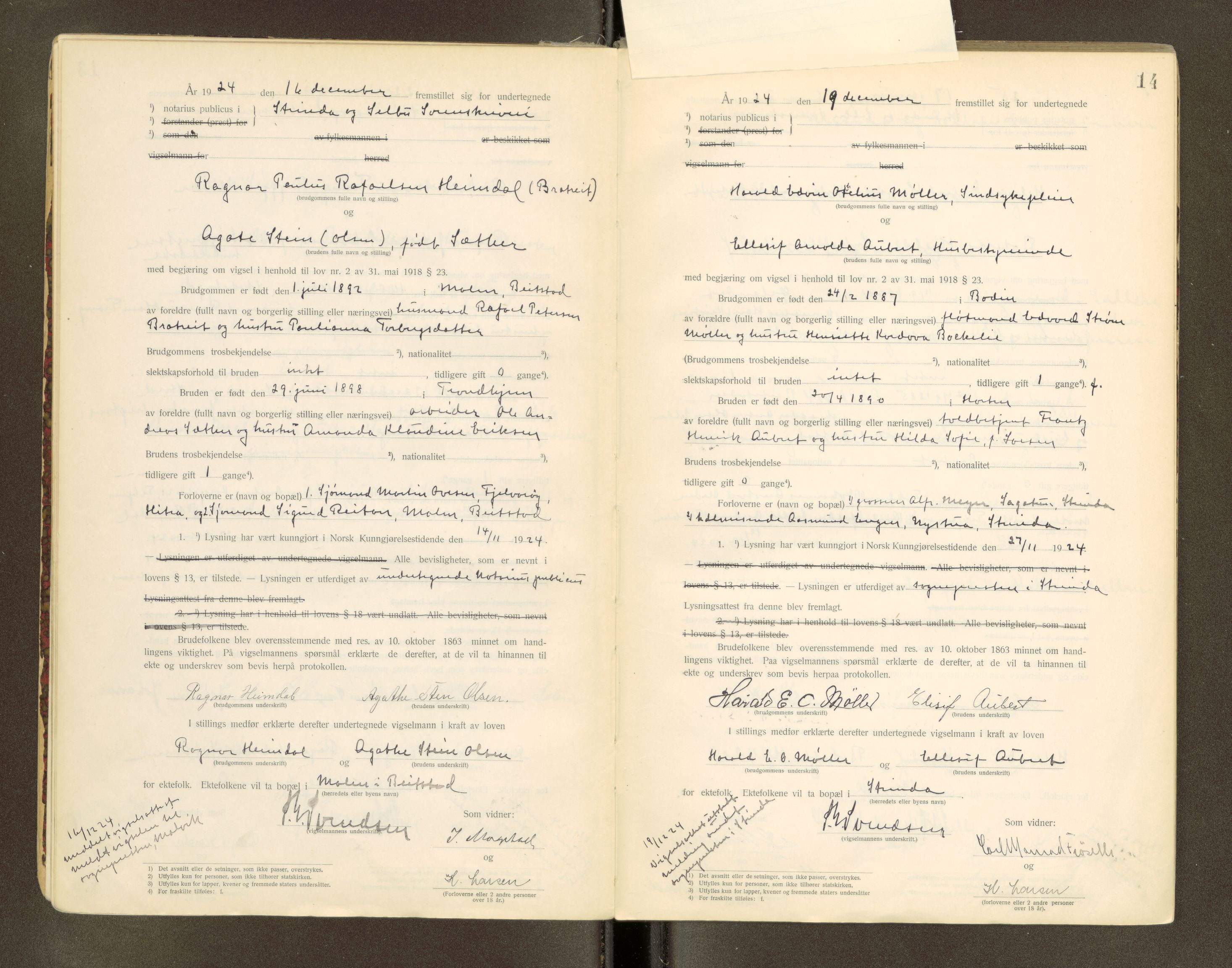 Strinda og Selbu sorenskriveri, AV/SAT-A-0015/6/6D/L0003: Vigselsbok, 1920-1942, s. 14
