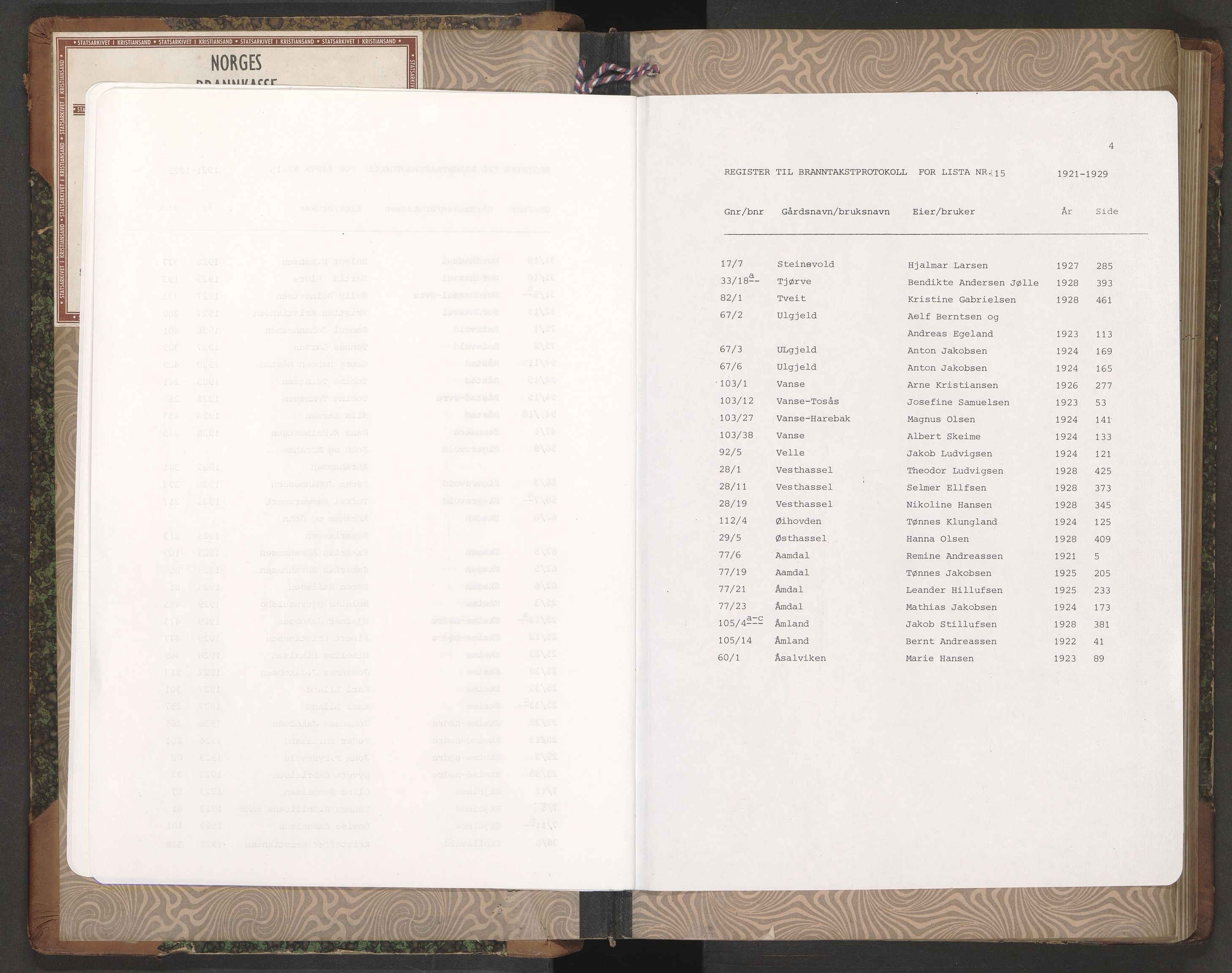 Norges Brannkasse Lista, AV/SAK-2241-0035/F/Fa/L0015: Branntakstprotokoll nr. 15 med gårdsnavnregister, 1921-1929