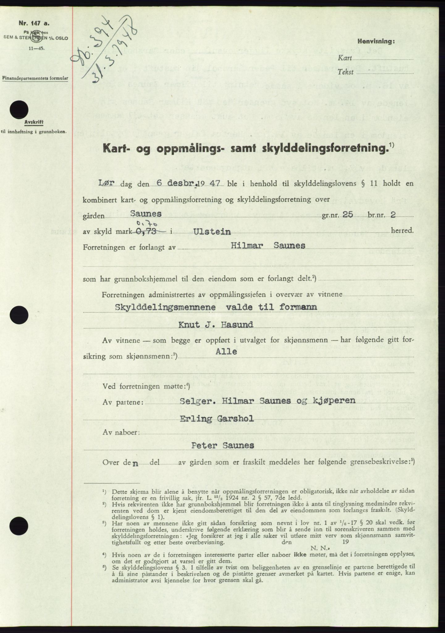 Søre Sunnmøre sorenskriveri, SAT/A-4122/1/2/2C/L0082: Pantebok nr. 8A, 1948-1948, Dagboknr: 394/1948