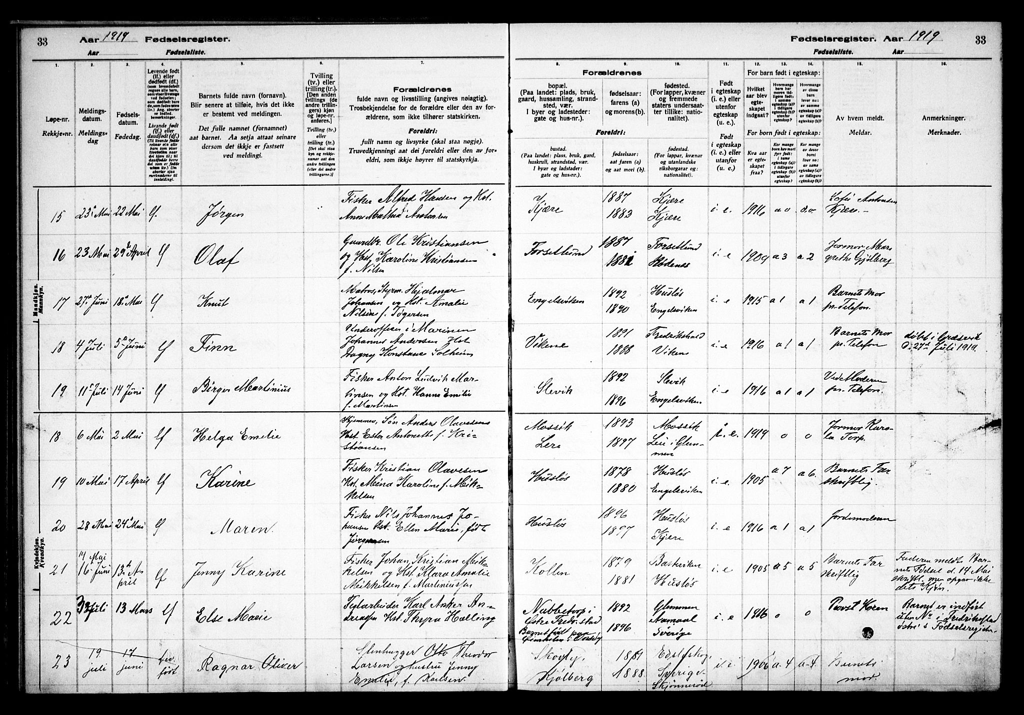 Onsøy prestekontor Kirkebøker, AV/SAO-A-10914/J/Ja/L0001: Fødselsregister nr. I 1, 1916-1937, s. 33