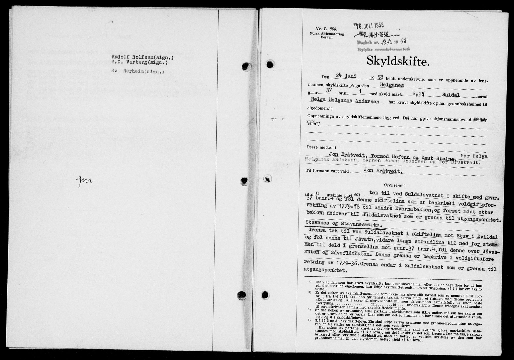 Ryfylke tingrett, SAST/A-100055/001/II/IIB/L0142: Pantebok nr. 121, 1958-1958, Dagboknr: 1316/1958