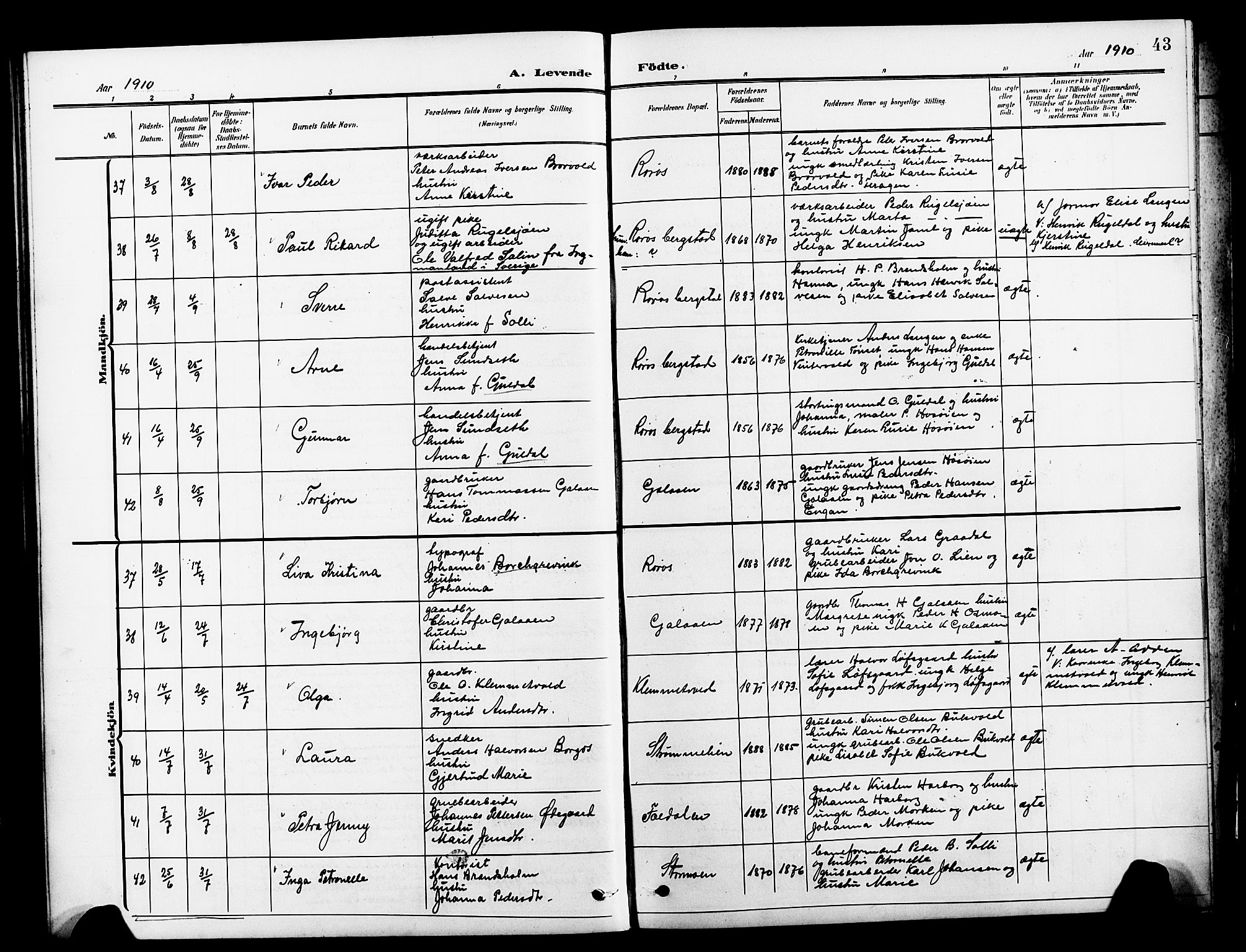 Ministerialprotokoller, klokkerbøker og fødselsregistre - Sør-Trøndelag, AV/SAT-A-1456/681/L0942: Klokkerbok nr. 681C06, 1906-1925, s. 43