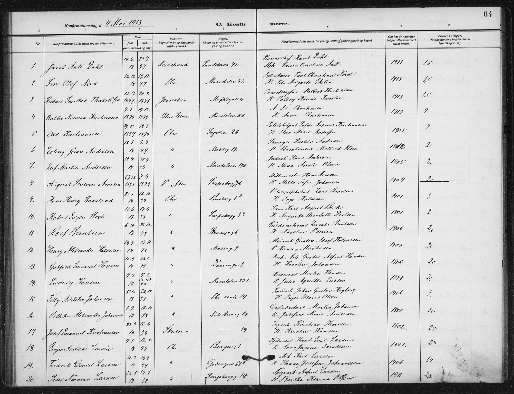 Sagene prestekontor Kirkebøker, AV/SAO-A-10796/F/L0008: Ministerialbok nr. 8, 1910-1919, s. 64