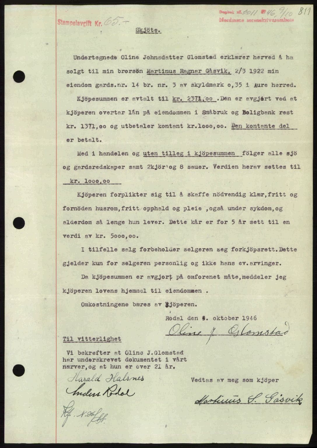 Nordmøre sorenskriveri, SAT/A-4132/1/2/2Ca: Pantebok nr. A102, 1946-1946, Dagboknr: 2011/1946