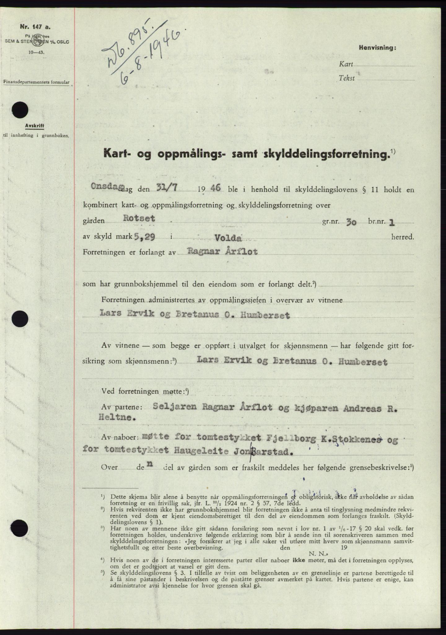 Søre Sunnmøre sorenskriveri, SAT/A-4122/1/2/2C/L0078: Pantebok nr. 4A, 1946-1946, Dagboknr: 895/1946