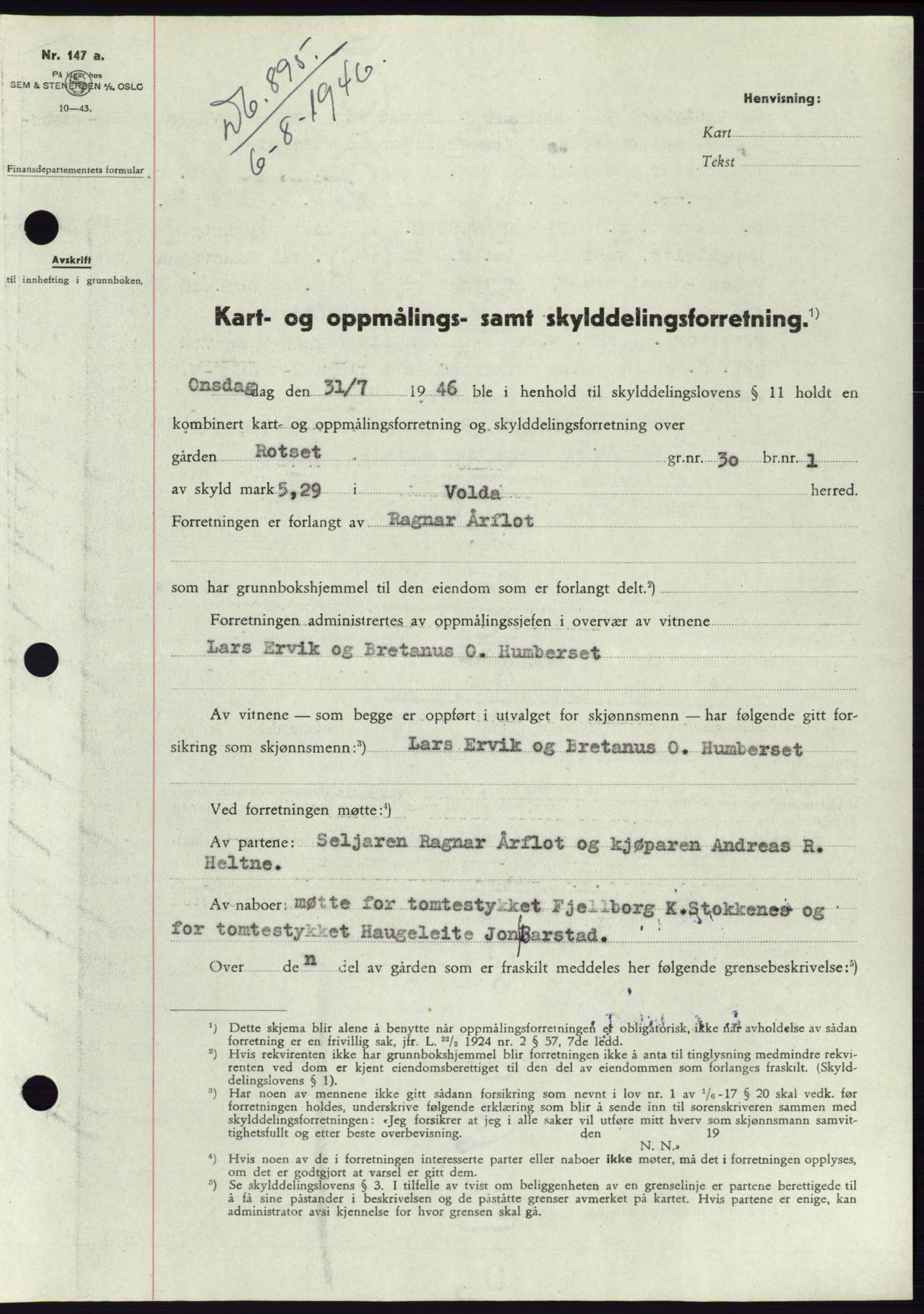 Søre Sunnmøre sorenskriveri, AV/SAT-A-4122/1/2/2C/L0078: Pantebok nr. 4A, 1946-1946, Dagboknr: 895/1946