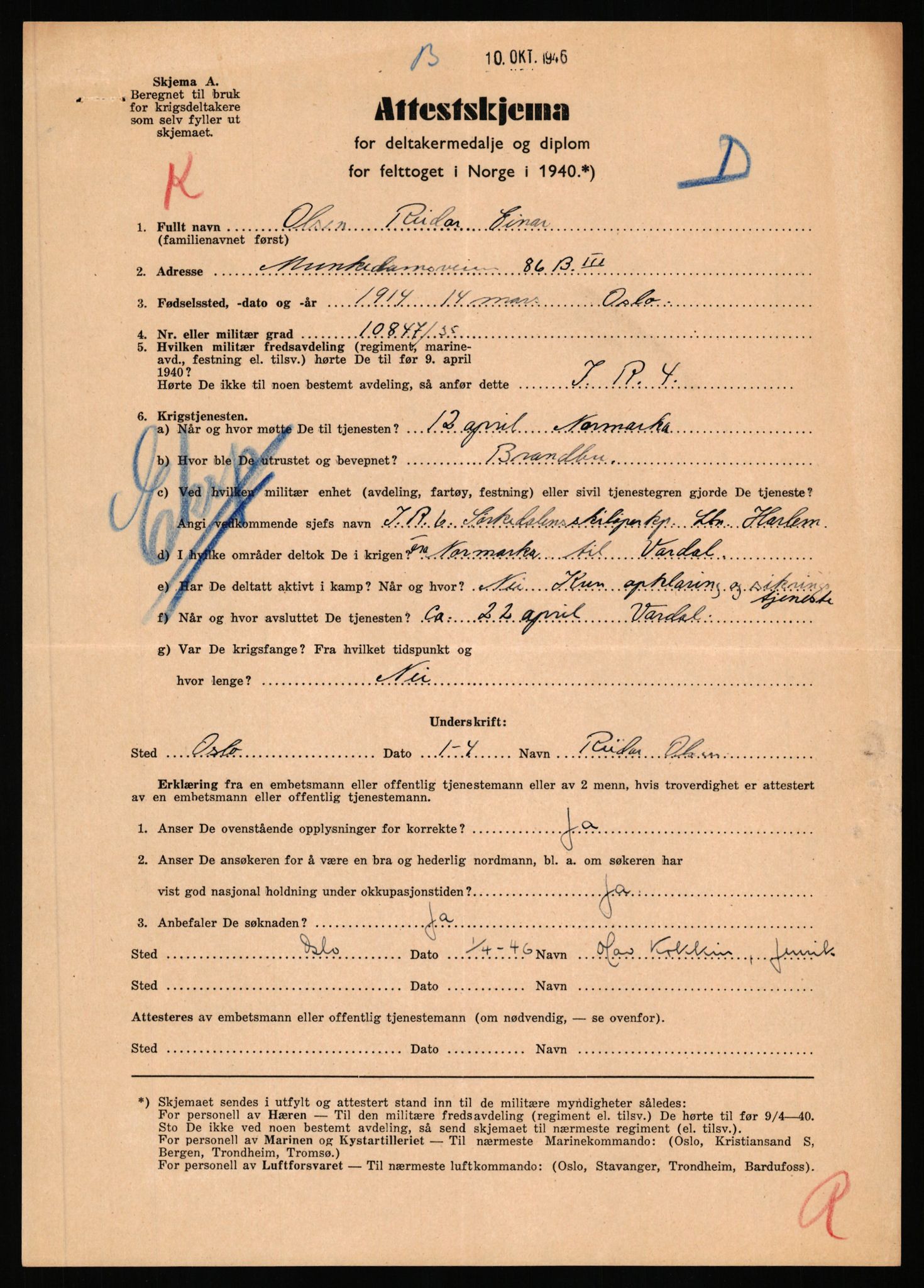 Forsvaret, Jegerkorpset - Akershus infantriregiment nr. 4, RA/RAFA-2947/D/Dd/L0056: DELTAKERMEDALJEN 2. VERDENSKRIG BOKS 4 N-Ø, 1945-1950, s. 160