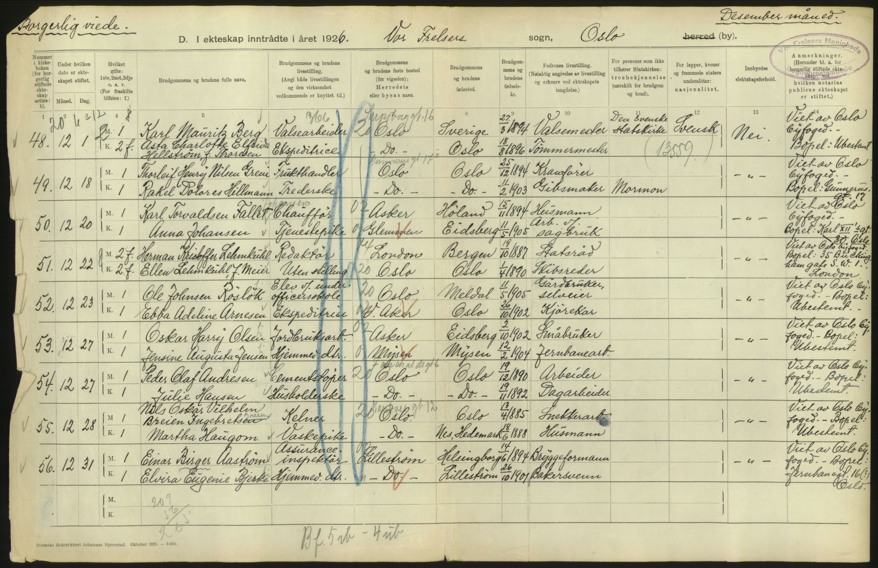 Statistisk sentralbyrå, Sosiodemografiske emner, Befolkning, AV/RA-S-2228/D/Df/Dfc/Dfcf/L0008: Oslo: Gifte, 1926, s. 134