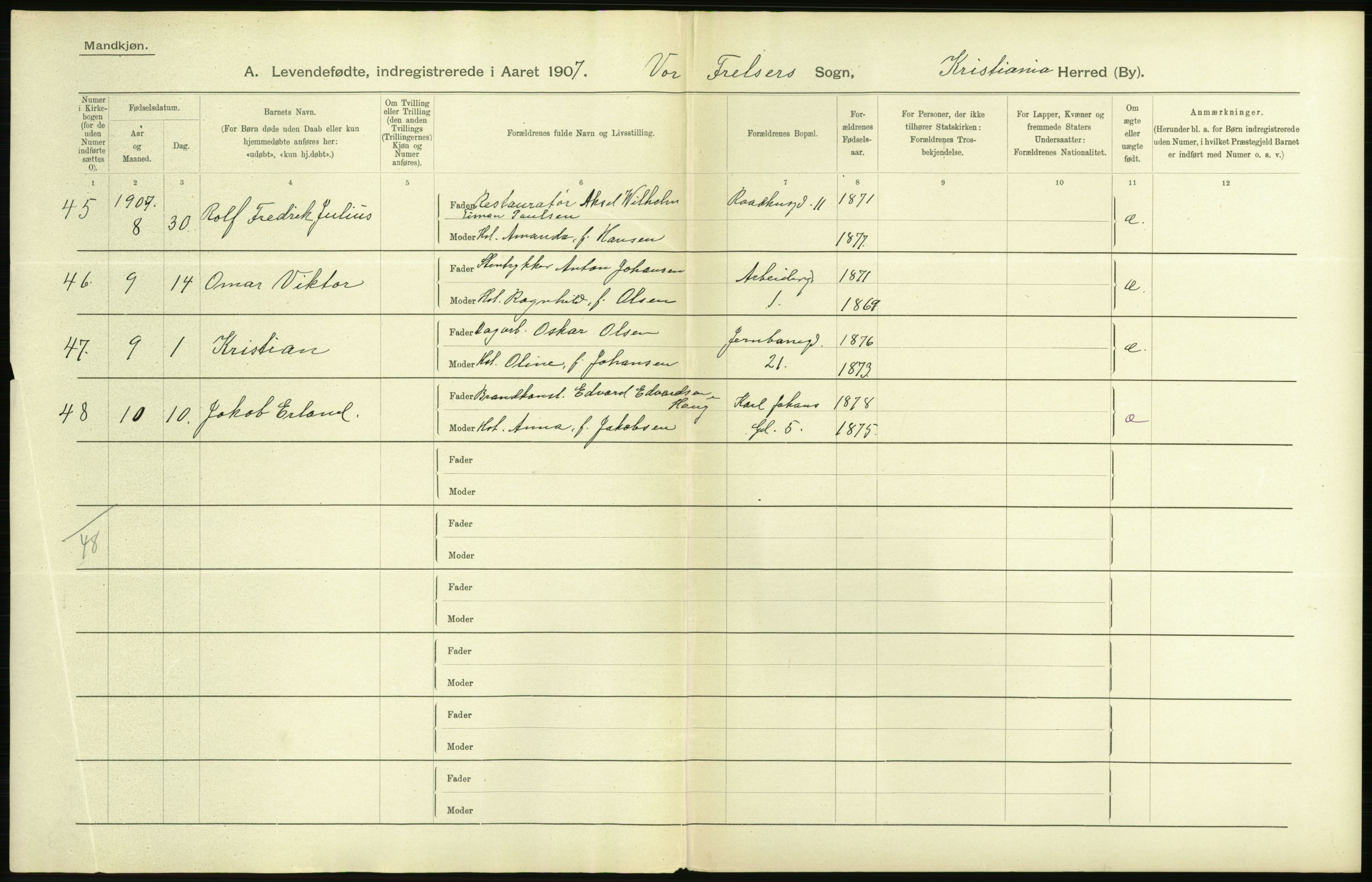 Statistisk sentralbyrå, Sosiodemografiske emner, Befolkning, AV/RA-S-2228/D/Df/Dfa/Dfae/L0006: Kristiania: Levendefødte menn og kvinner., 1907, s. 2