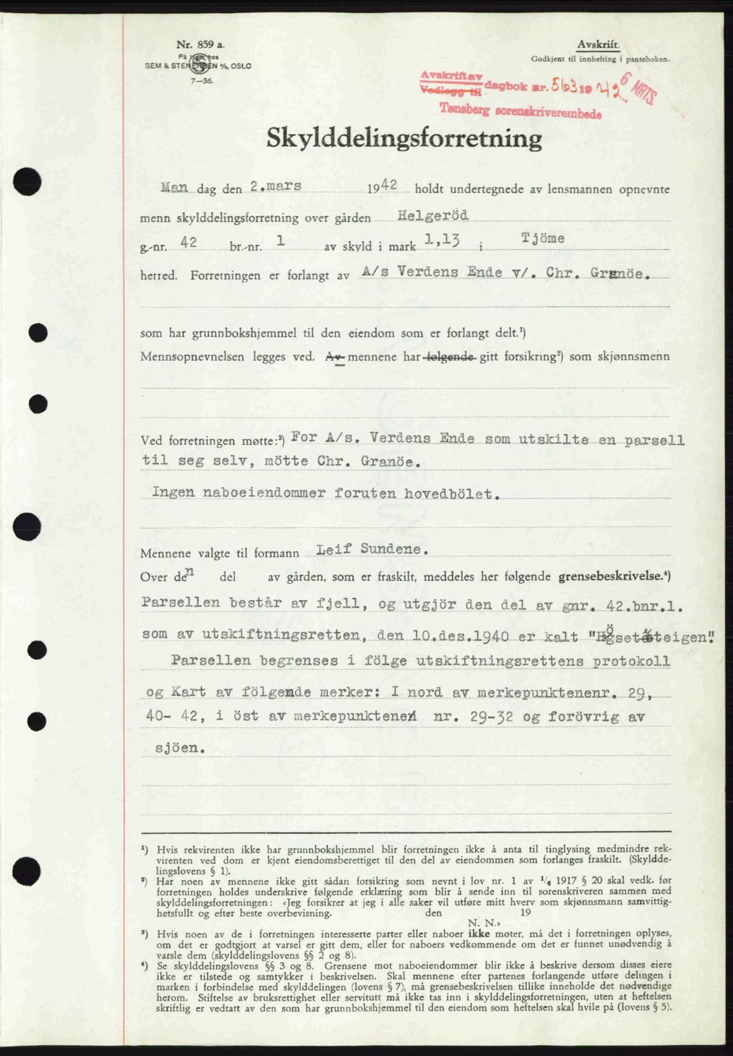 Tønsberg sorenskriveri, AV/SAKO-A-130/G/Ga/Gaa/L0011: Pantebok nr. A11, 1941-1942, Dagboknr: 563/1942