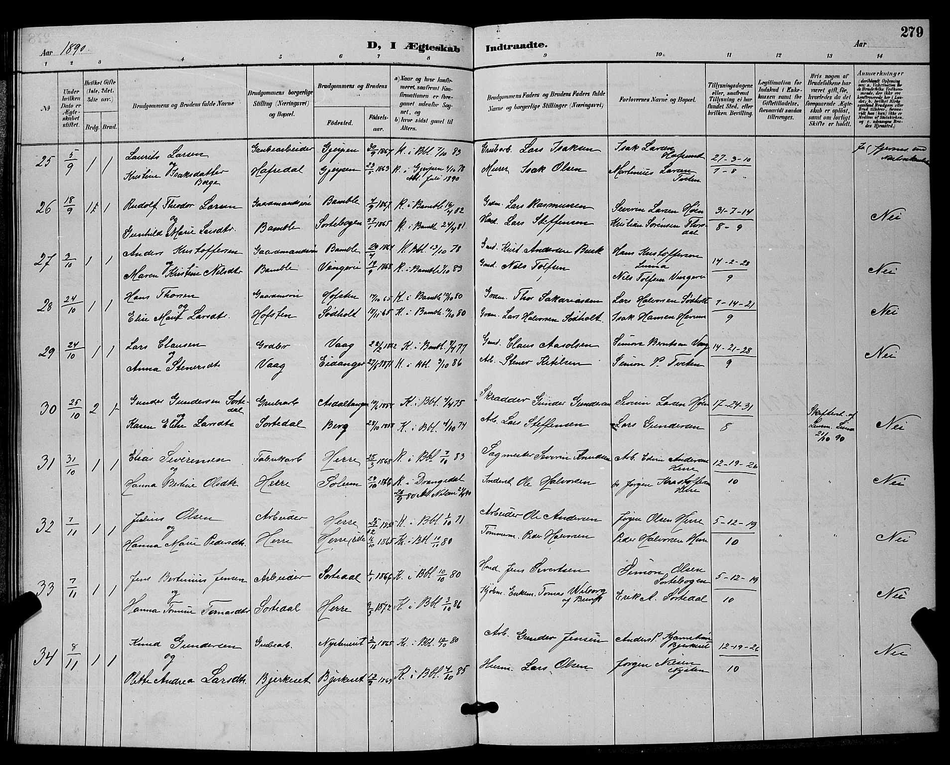 Bamble kirkebøker, AV/SAKO-A-253/G/Ga/L0009: Klokkerbok nr. I 9, 1888-1900, s. 279