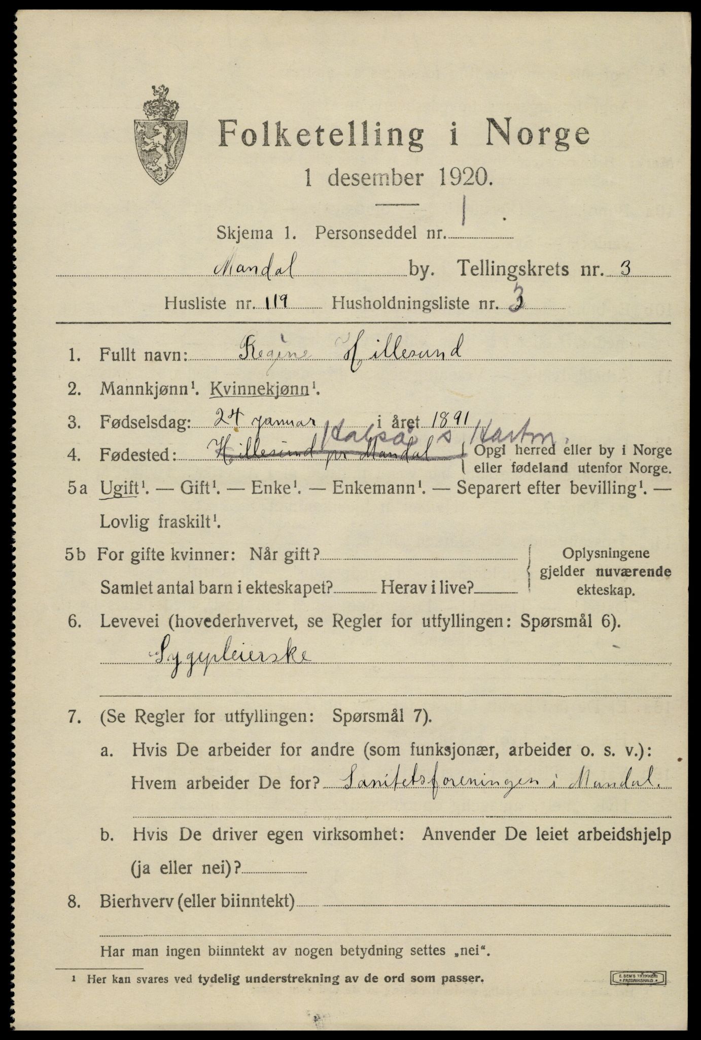 SAK, Folketelling 1920 for 1002 Mandal ladested, 1920, s. 6819