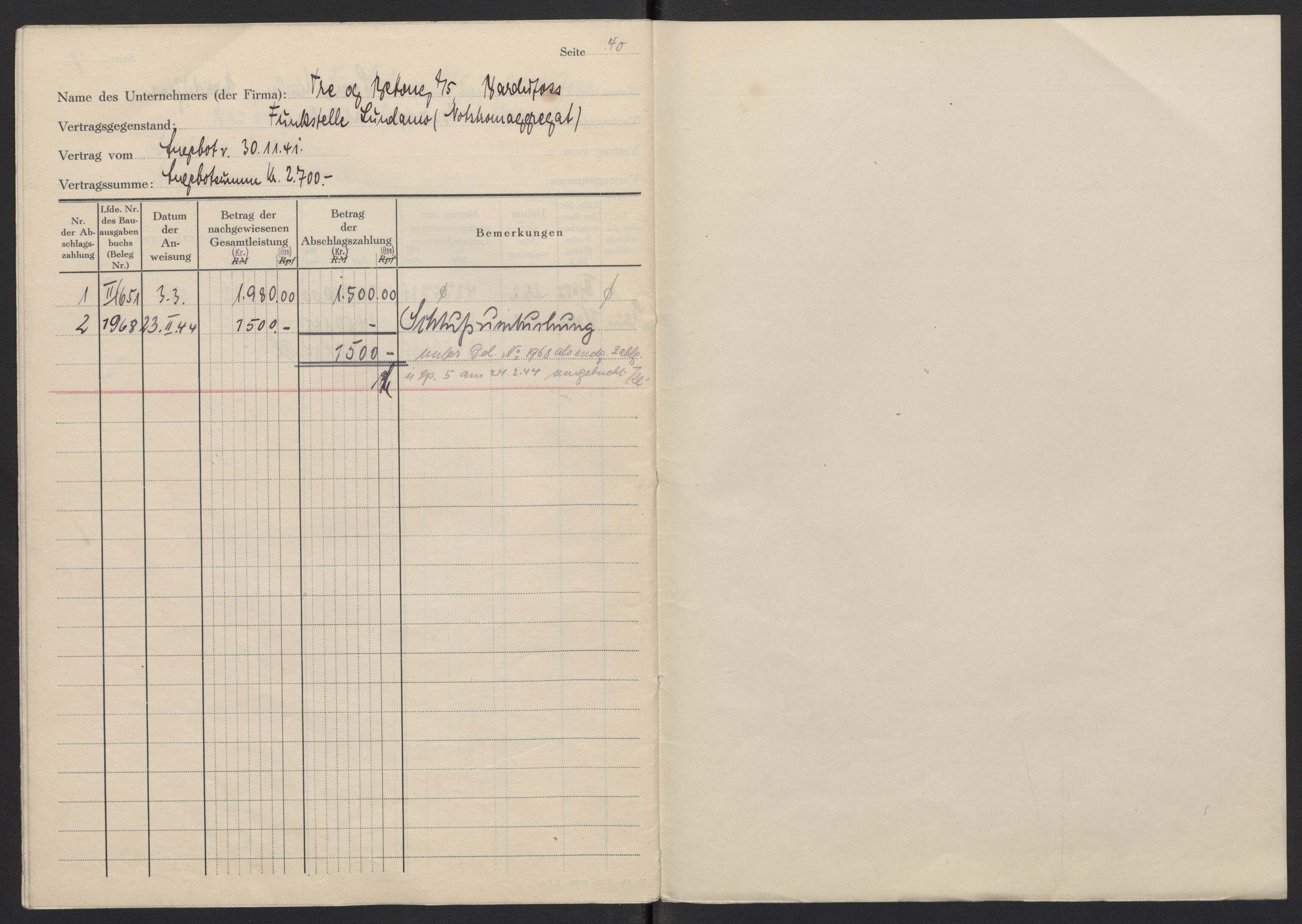 Tyske arkiver, Organisation Todt (OT), Einsatzgruppe Wiking, AV/RA-RAFA-2188/2/F/Fg/Fgb/L0005: Bltg. L.W. Bardufoss: Diverse regnskapsbøker, 1940